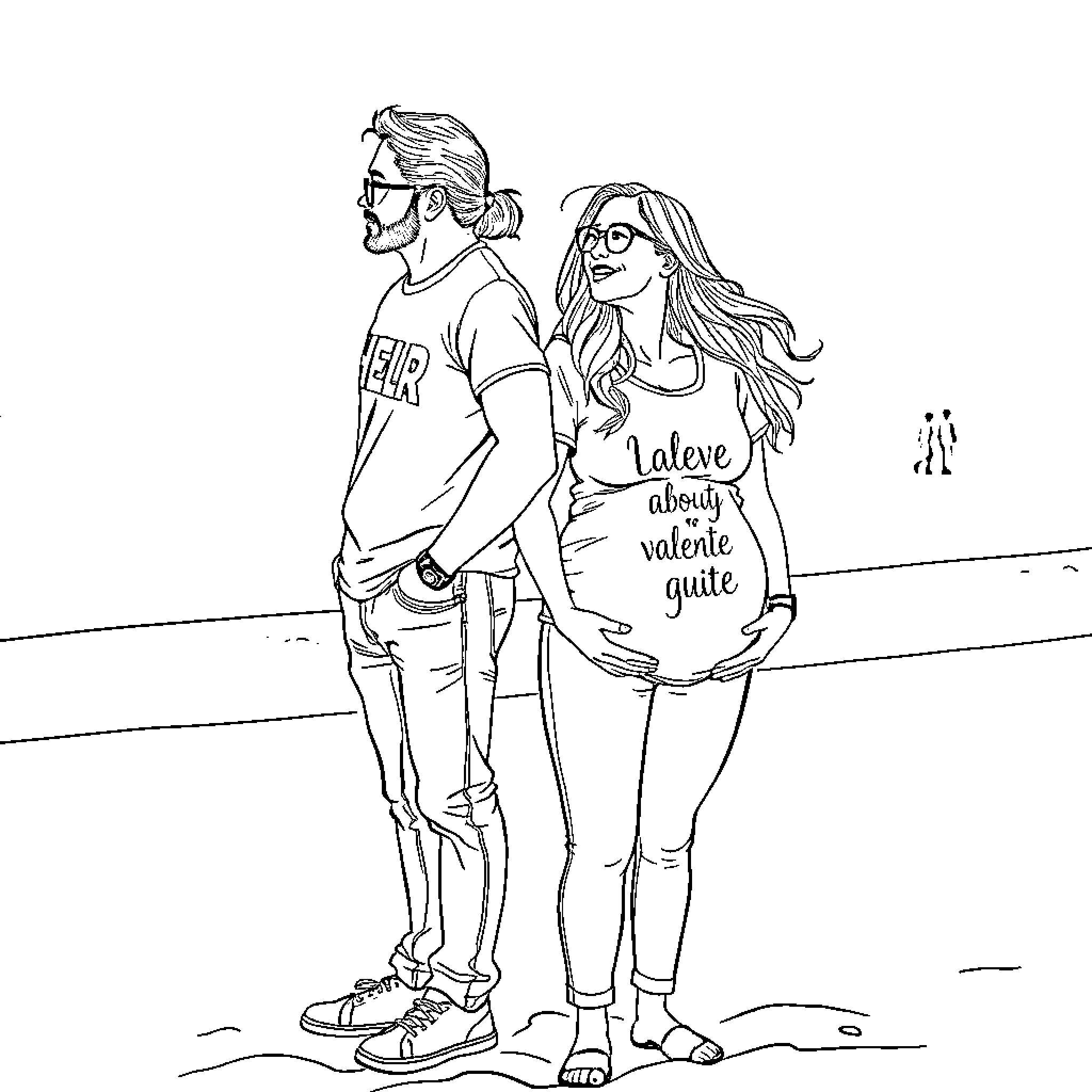 Couple in casual attire standing together Coloring Page (free black-and-white line drawing printable PDF for all, from beginners to advanced learners, including children, teens, adults, and seniors)