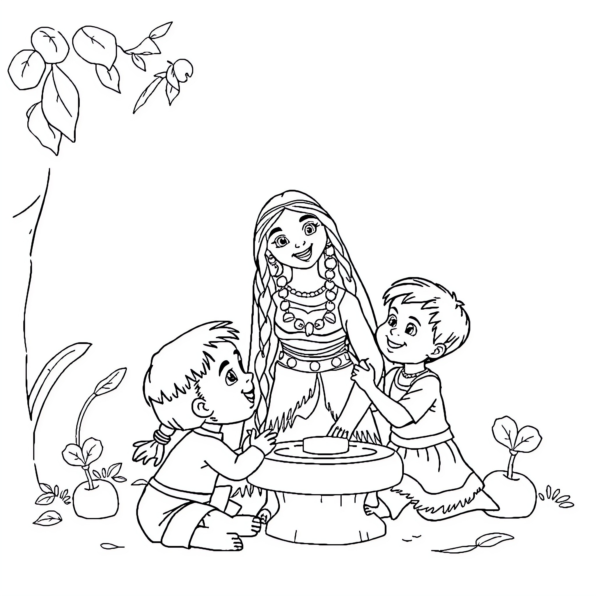 Pocahontas and children enjoying a peaceful gathering Coloring Page (free black-and-white line drawing printable PDF for all, from beginners to advanced learners, including children, teens, adults, and seniors)