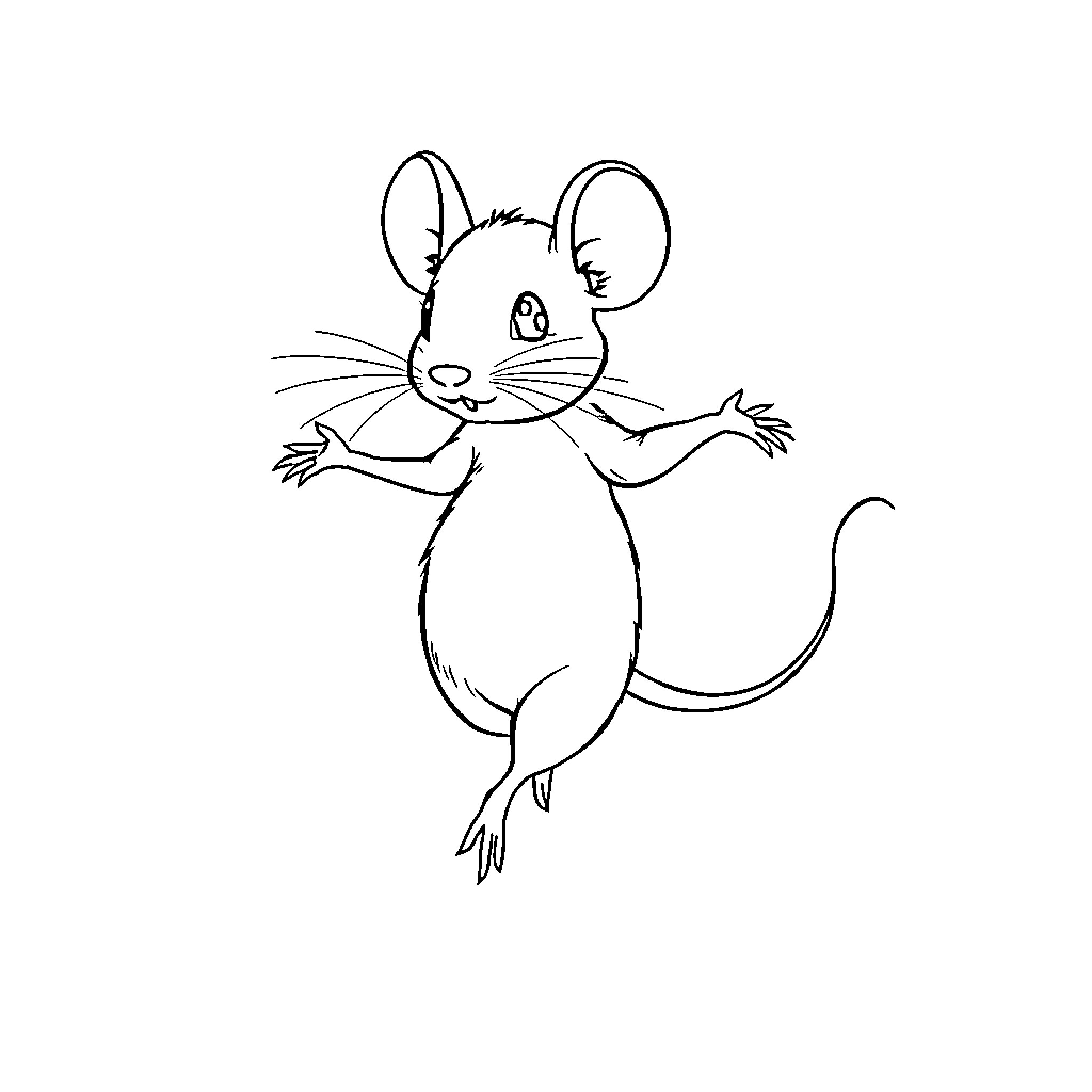Mouse jumping happily with outstretched arms Coloring Page (free black-and-white line drawing printable PDF for all, from beginners to advanced learners, including children, teens, adults, and seniors)