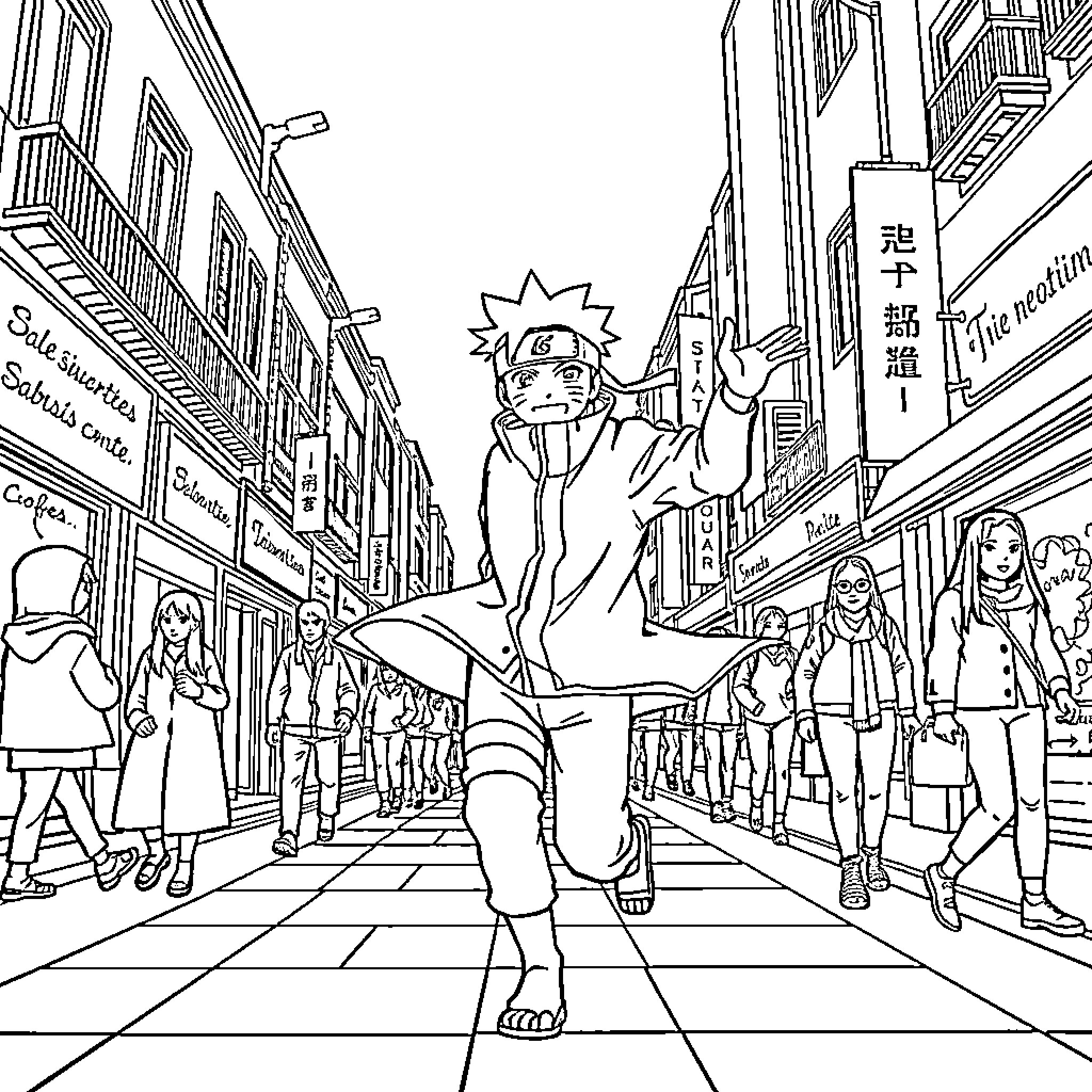 Naruto Ninja Explores the Vibrant City Streets Coloring Page (free black-and-white line drawing printable PDF for all, from beginners to advanced learners, including children, teens, adults, and seniors)