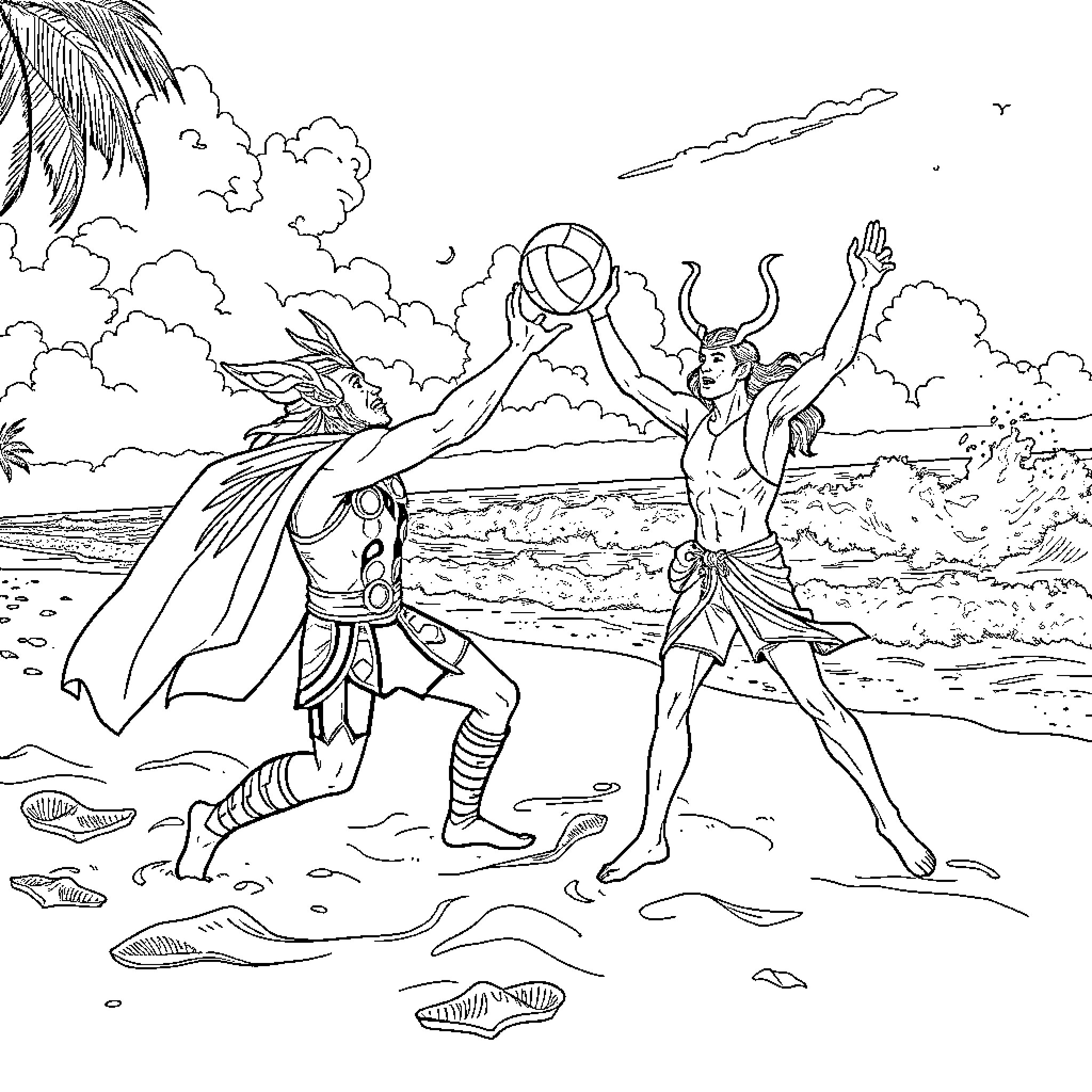 Thor Battles Enemies in Epic Beach Scene Coloring Page (free black-and-white line drawing printable PDF for all, from beginners to advanced learners, including children, teens, adults, and seniors)