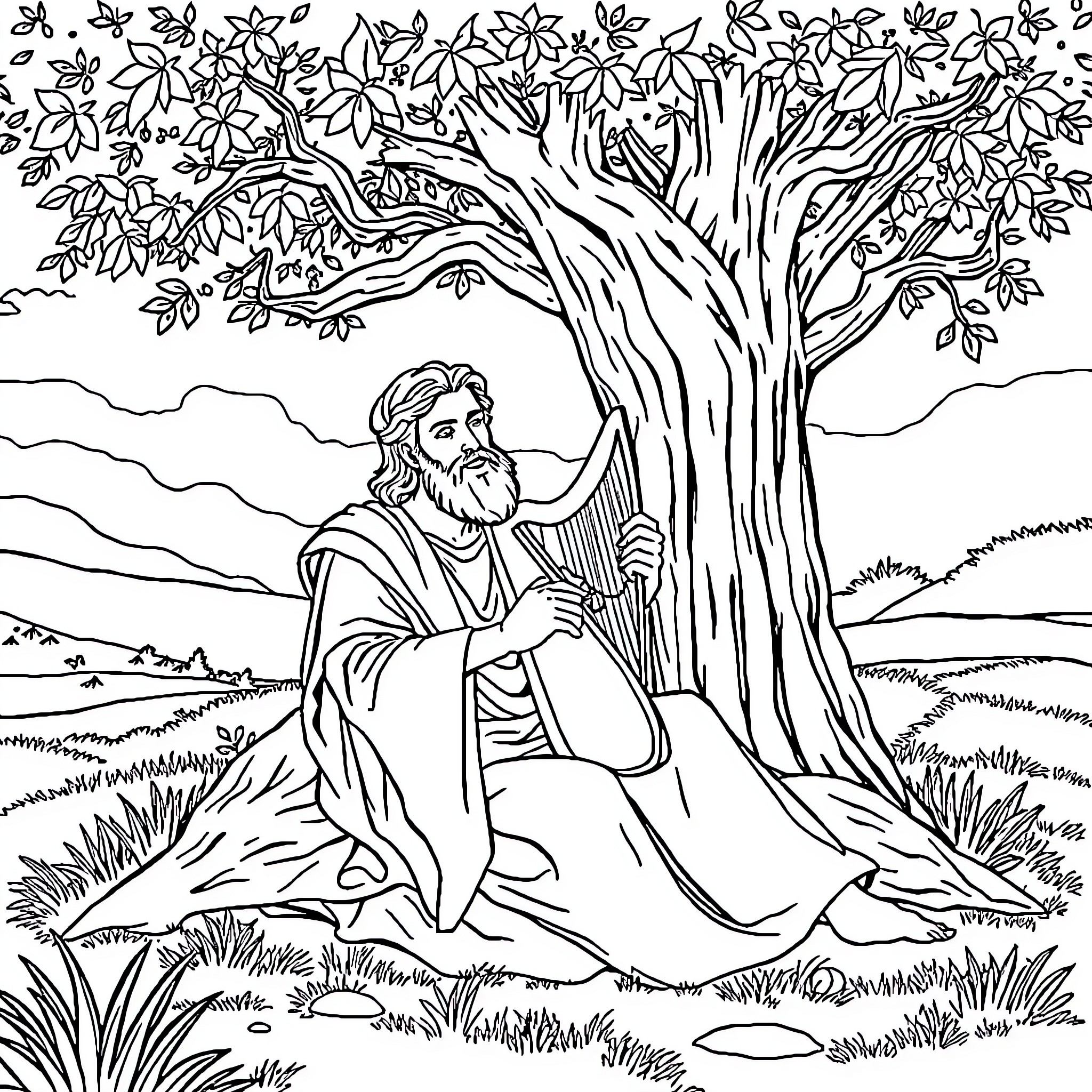 David Contemplating Nature's Beauty Coloring Page (free black-and-white line drawing printable PDF for all, from beginners to advanced learners, including children, teens, adults, and seniors)