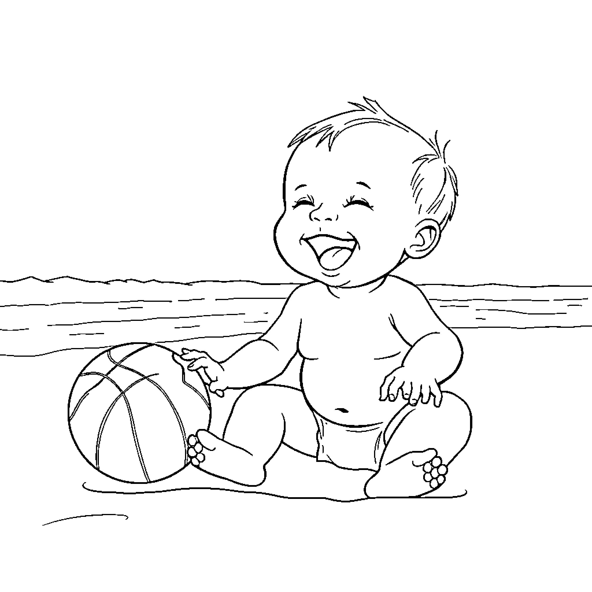 Baby playing happily with ball on beach Coloring Page (free black-and-white line drawing printable PDF for all, from beginners to advanced learners, including children, teens, adults, and seniors)