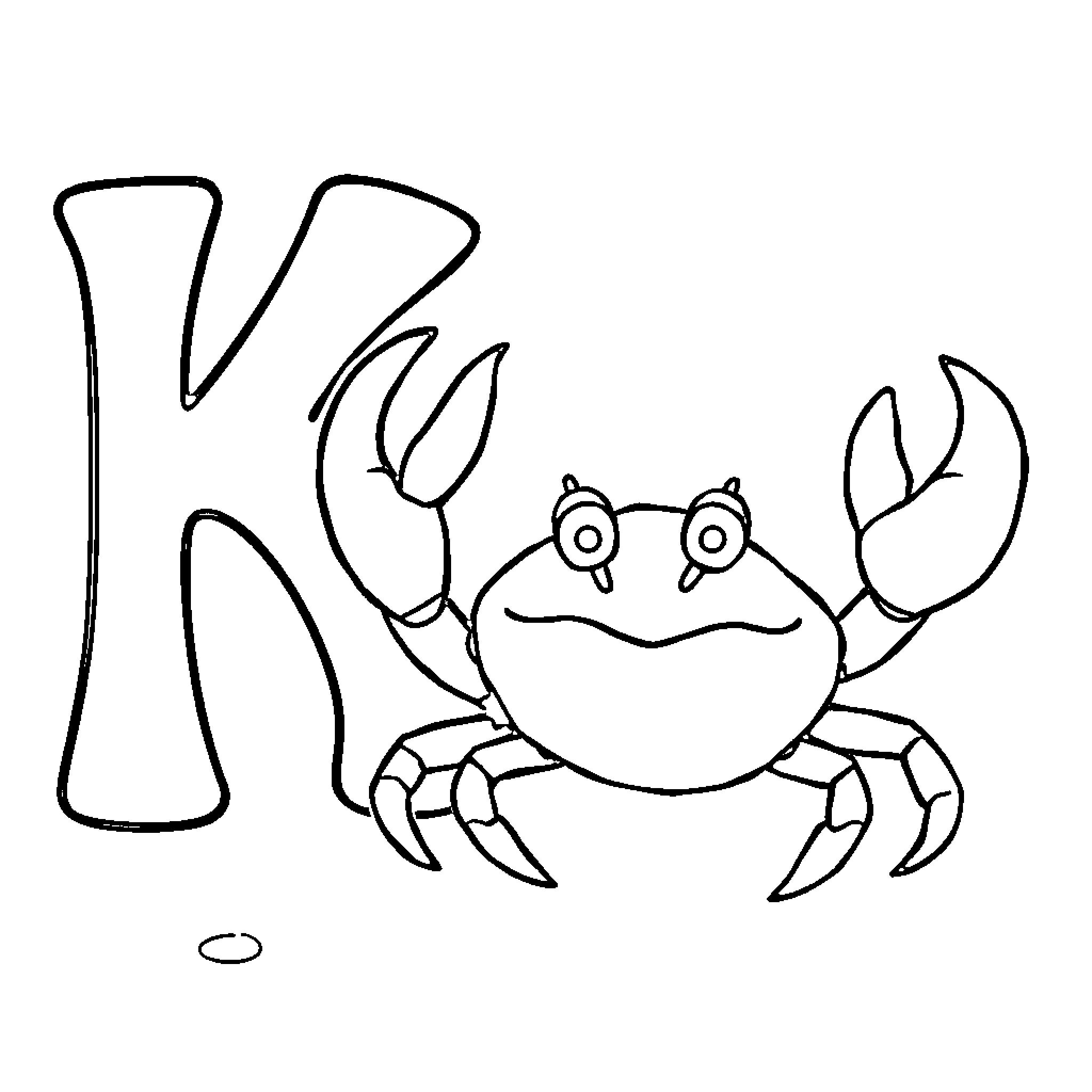 Letter K Crab with Curious Expression Coloring Page (free black-and-white line drawing printable PDF for all, from beginners to advanced learners, including children, teens, adults, and seniors)