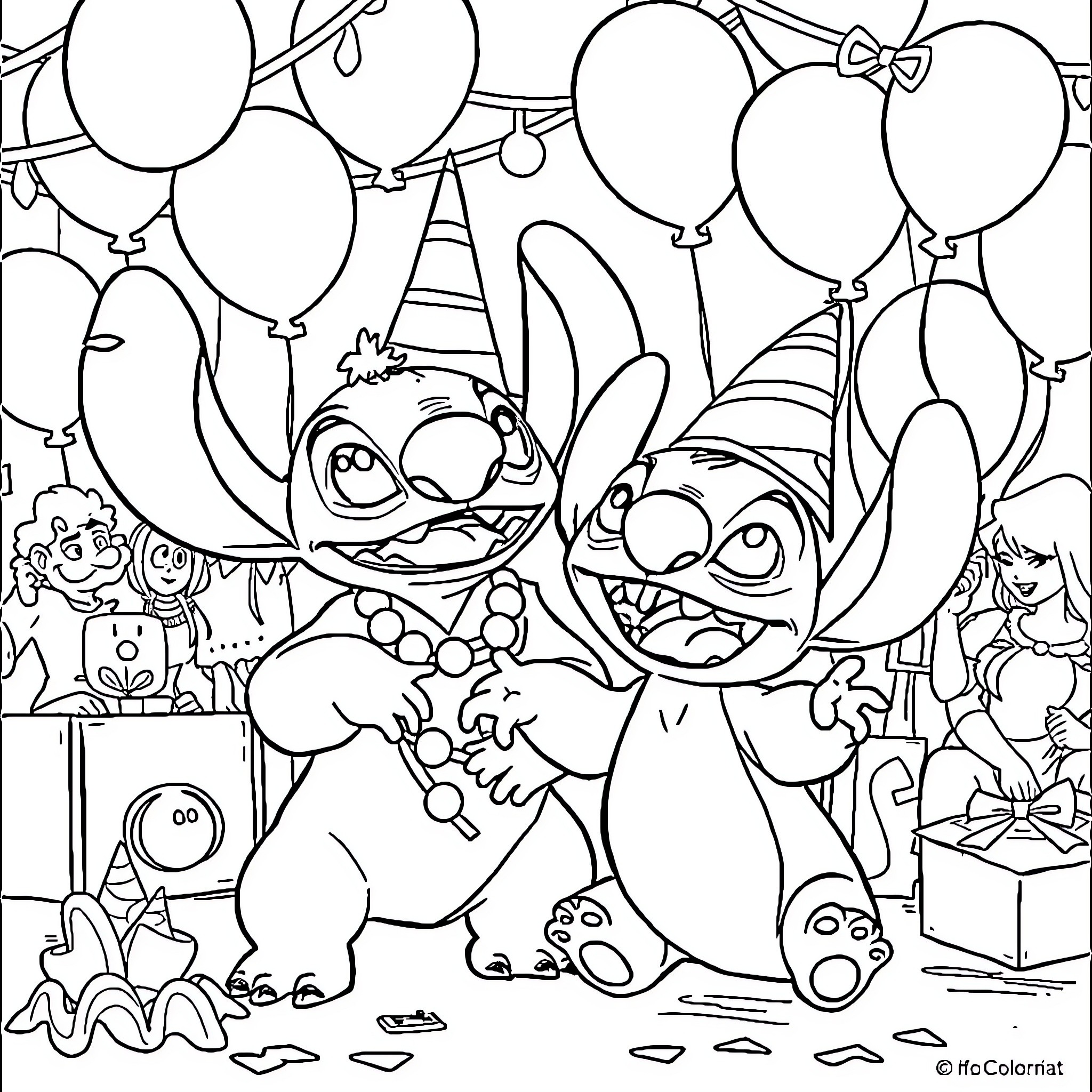 Lilo's Mischievous Party Adventure Coloring Page (free black-and-white line drawing printable PDF for all, from beginners to advanced learners, including children, teens, adults, and seniors)