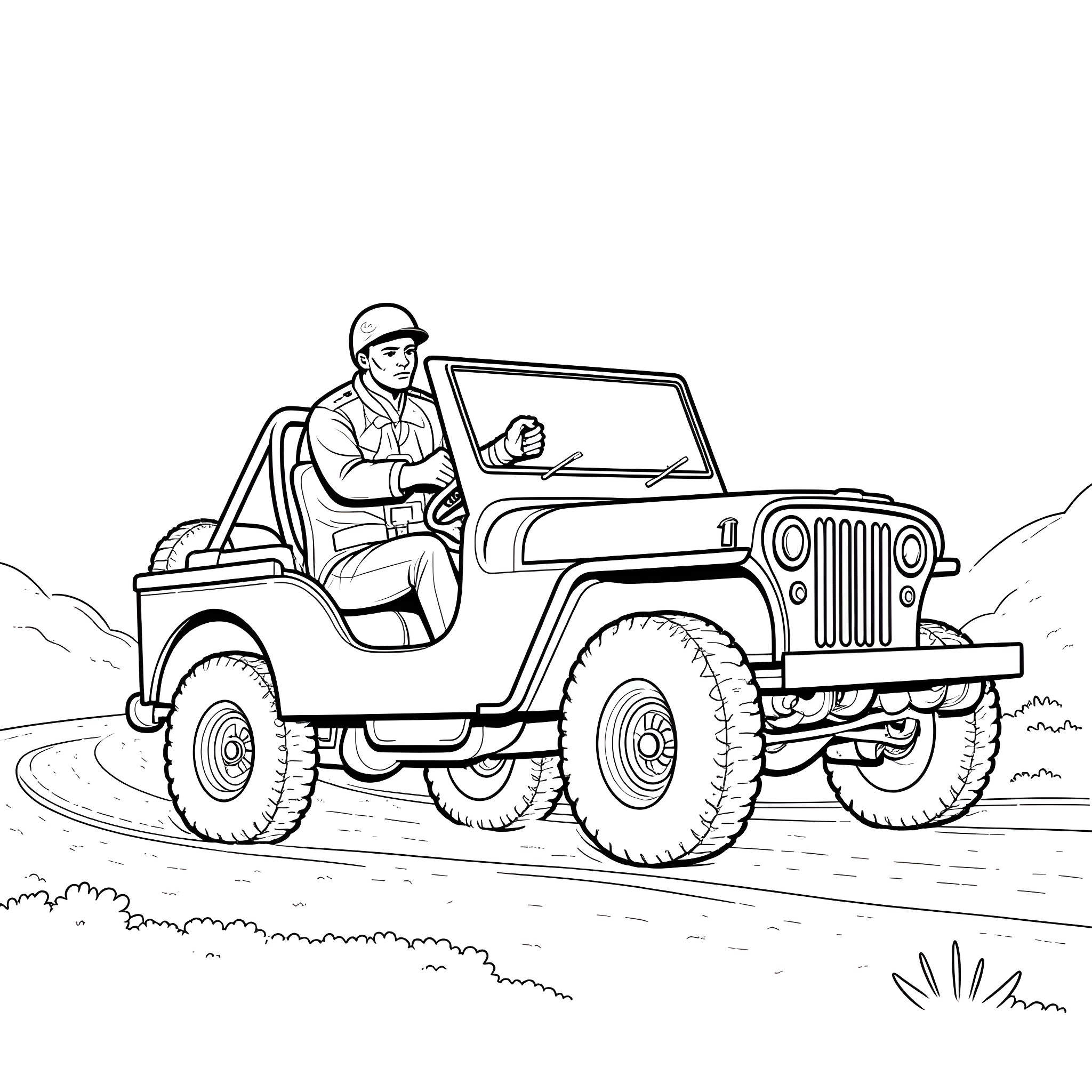 Soldier driving rugged terrain vehicle Coloring Page (free black-and-white line drawing printable PDF for all, from beginners to advanced learners, including children, teens, adults, and seniors)