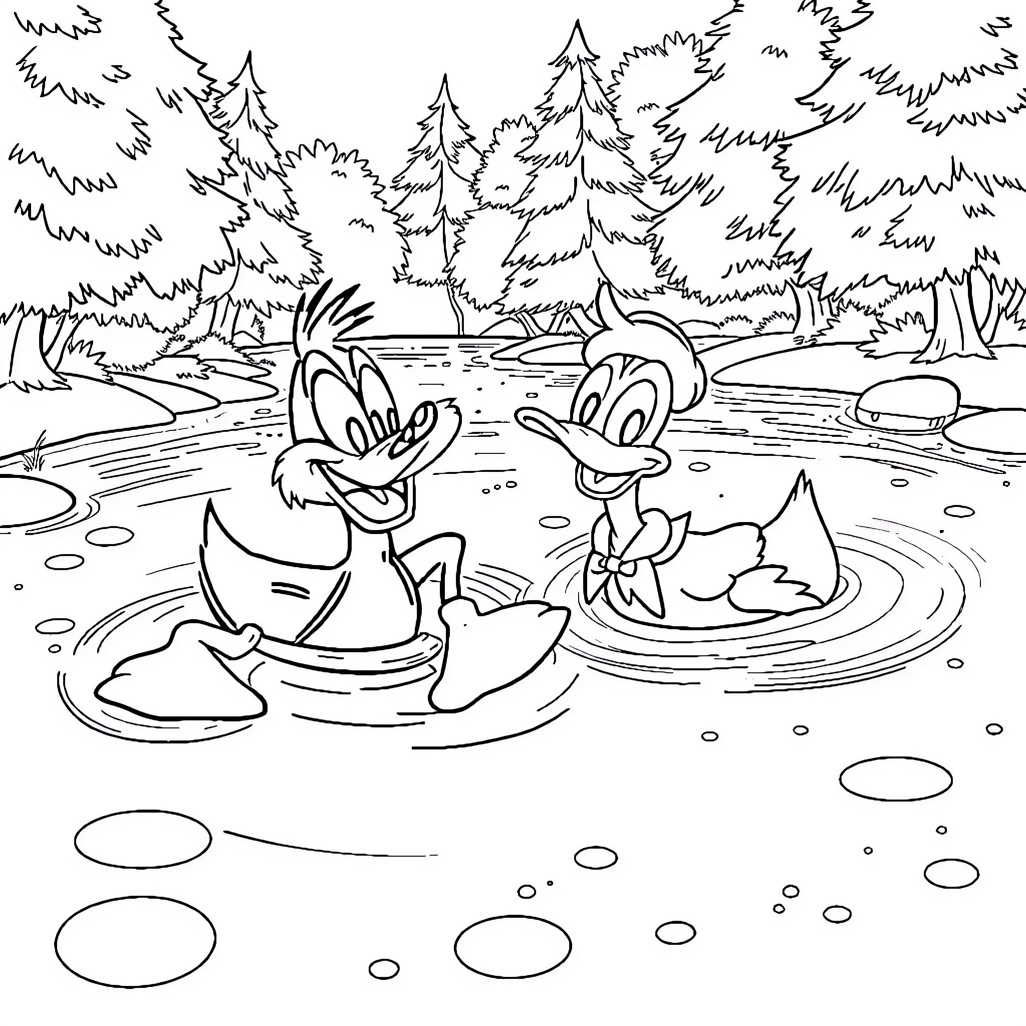 Duck Doodle Splash in the Pond Coloring Page (free black-and-white line drawing printable PDF for all, from beginners to advanced learners, including children, teens, adults, and seniors)