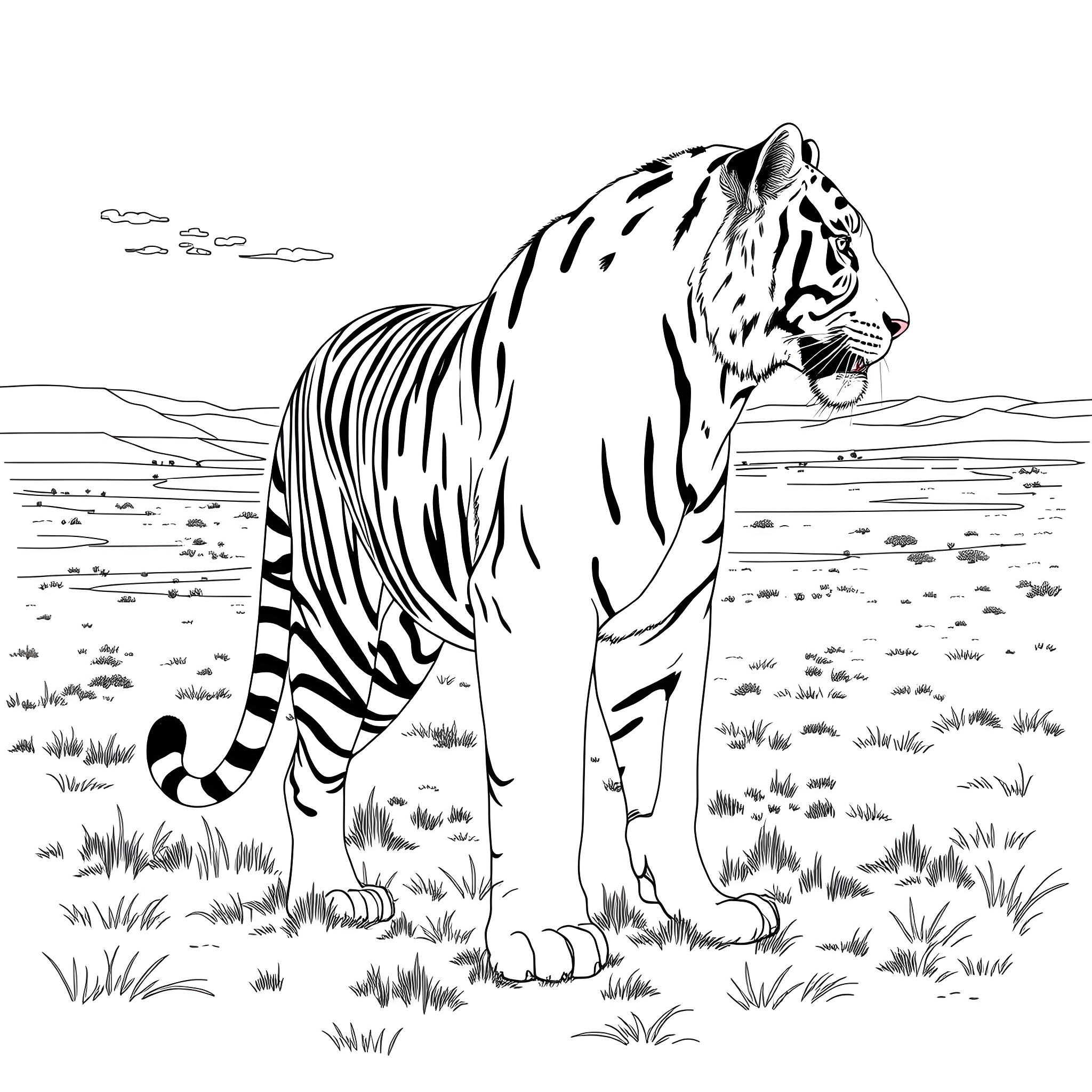 Tiger standing majestically in the wilderness Coloring Page (free black-and-white line drawing printable PDF for all, from beginners to advanced learners, including children, teens, adults, and seniors)