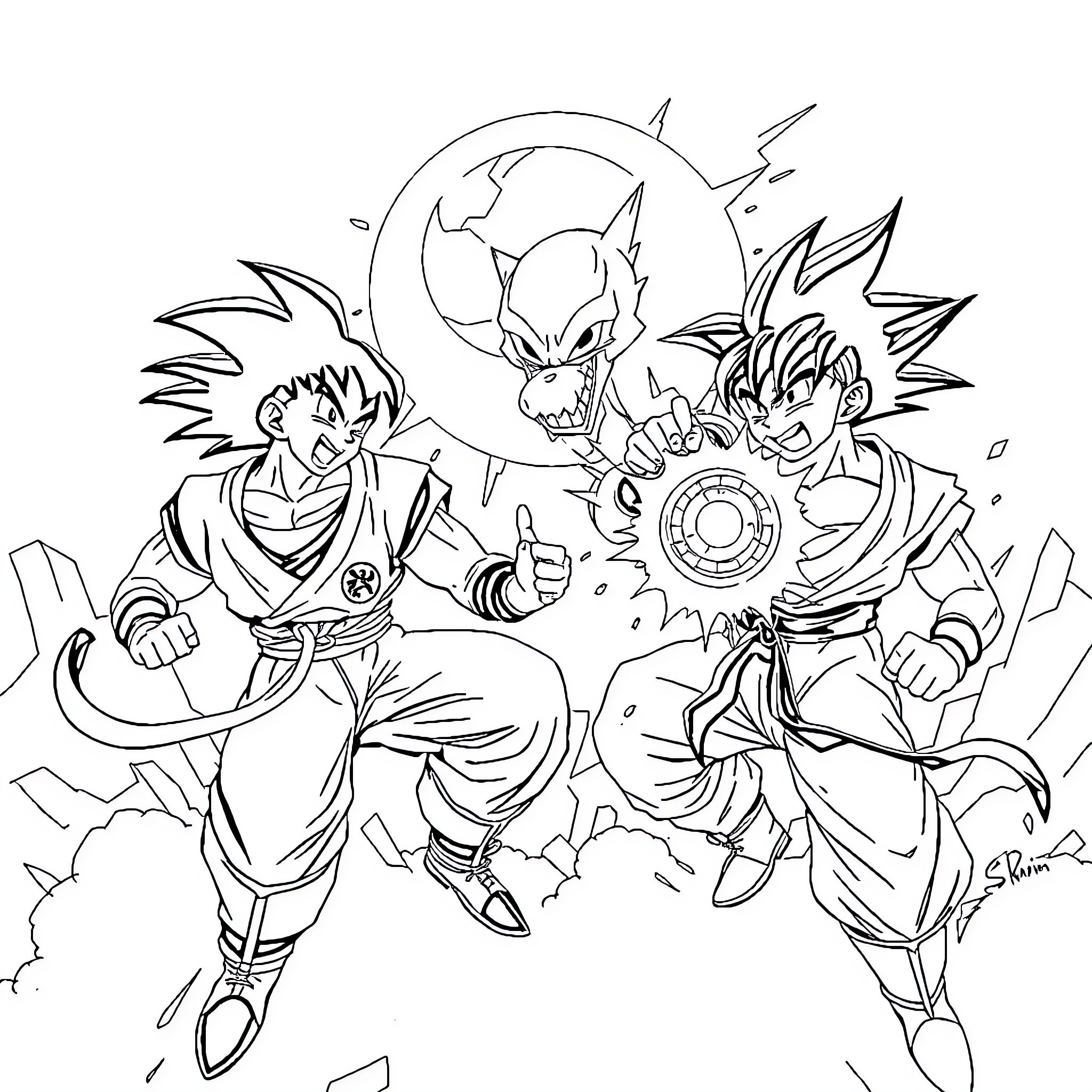 Dragon Ball Characters Engaged in Action-Packed Combat Coloring Page (free black-and-white line drawing printable PDF for all, from beginners to advanced learners, including children, teens, adults, and seniors)