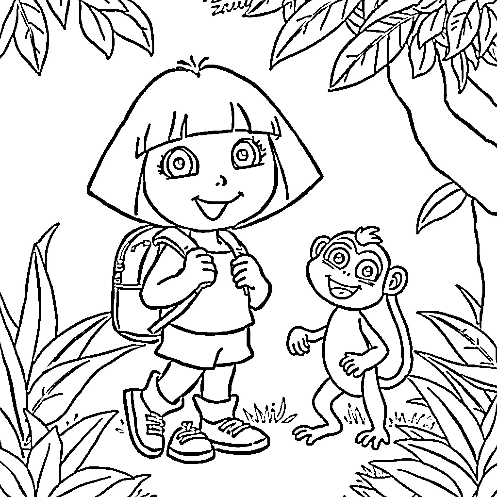 Dora and her monkey friend exploring the jungle Coloring Page (free black-and-white line drawing printable PDF for all, from beginners to advanced learners, including children, teens, adults, and seniors)