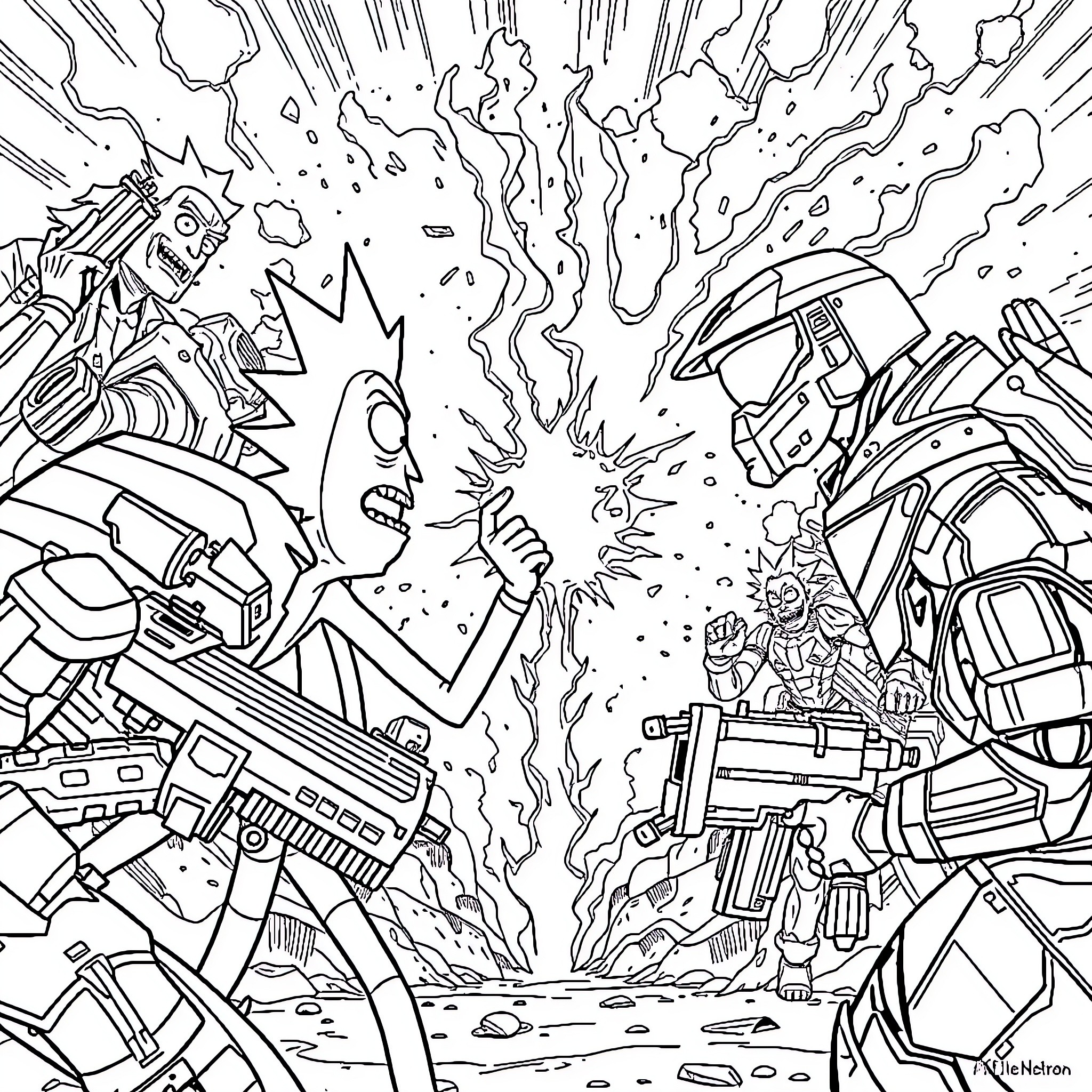 Rick And Morty Engaging in Chaotic Sci-Fi Action Coloring Page (free black-and-white line drawing printable PDF for all, from beginners to advanced learners, including children, teens, adults, and seniors)