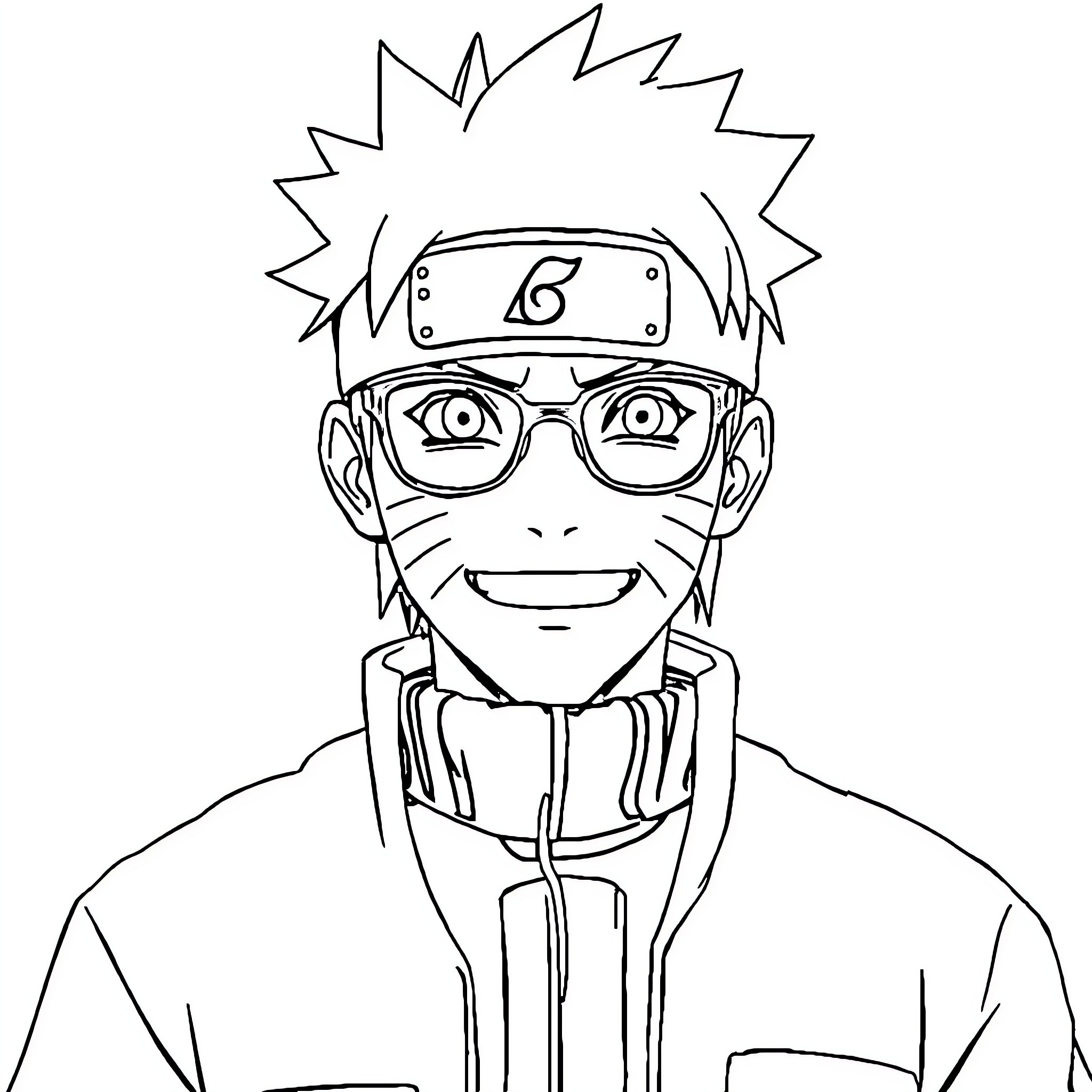 Naruto character in ninja outfit with glasses Coloring Page (free black-and-white line drawing printable PDF for all, from beginners to advanced learners, including children, teens, adults, and seniors)