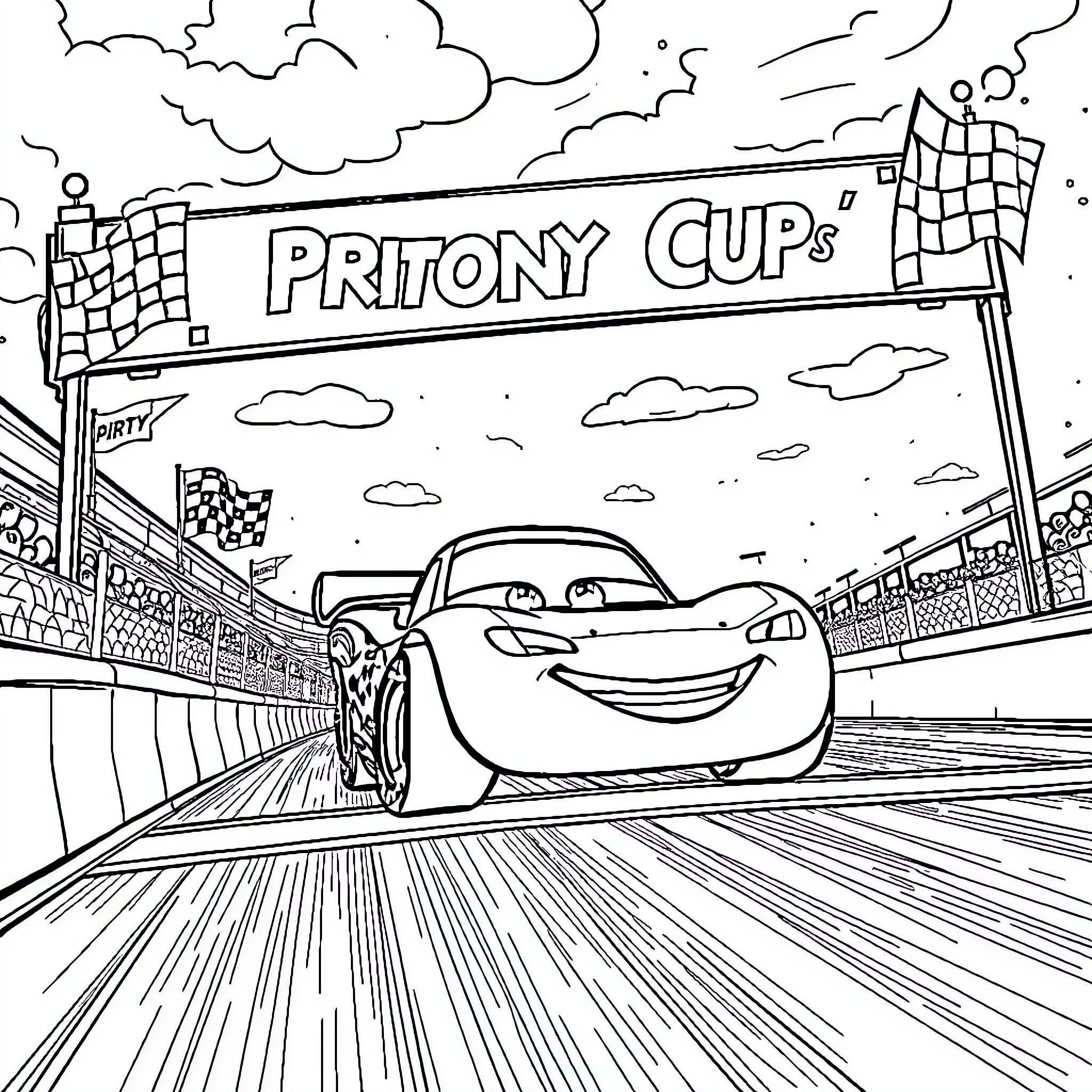Lightning McQueen racing towards the Pritony Cup Coloring Page (free black-and-white line drawing printable PDF for all, from beginners to advanced learners, including children, teens, adults, and seniors)