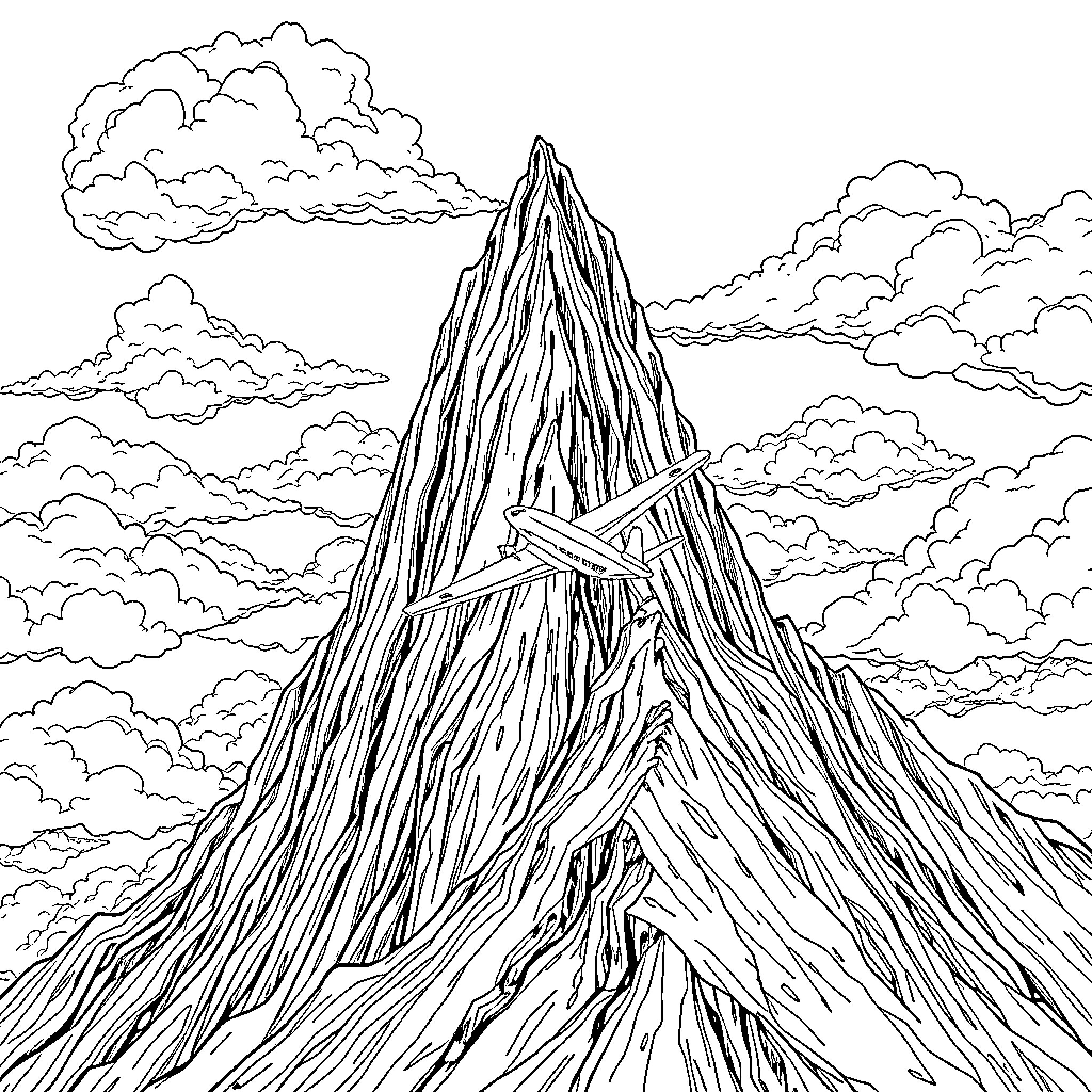 Airplane soaring over the majestic mountain range Coloring Page (free black-and-white line drawing printable PDF for all, from beginners to advanced learners, including children, teens, adults, and seniors)