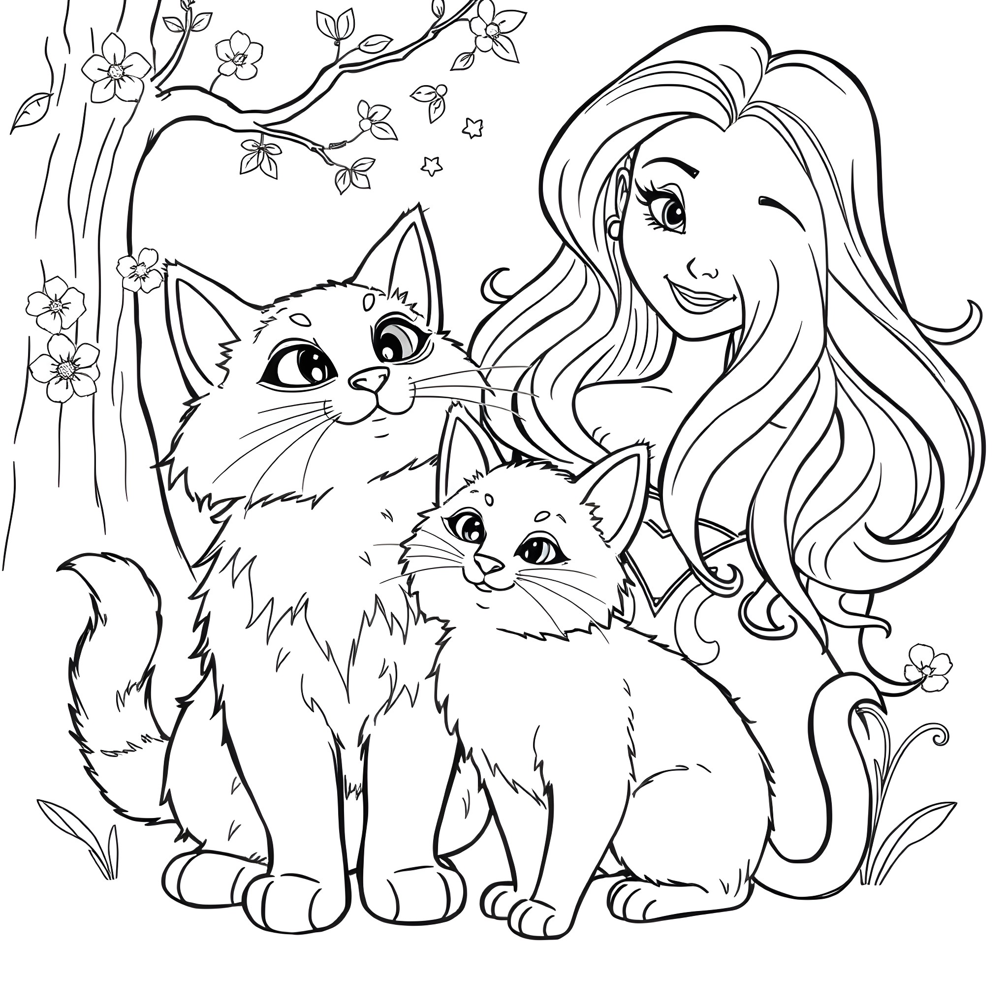 Cat friends with beautiful woman in forest Coloring Page (free black-and-white line drawing printable PDF for all, from beginners to advanced learners, including children, teens, adults, and seniors)