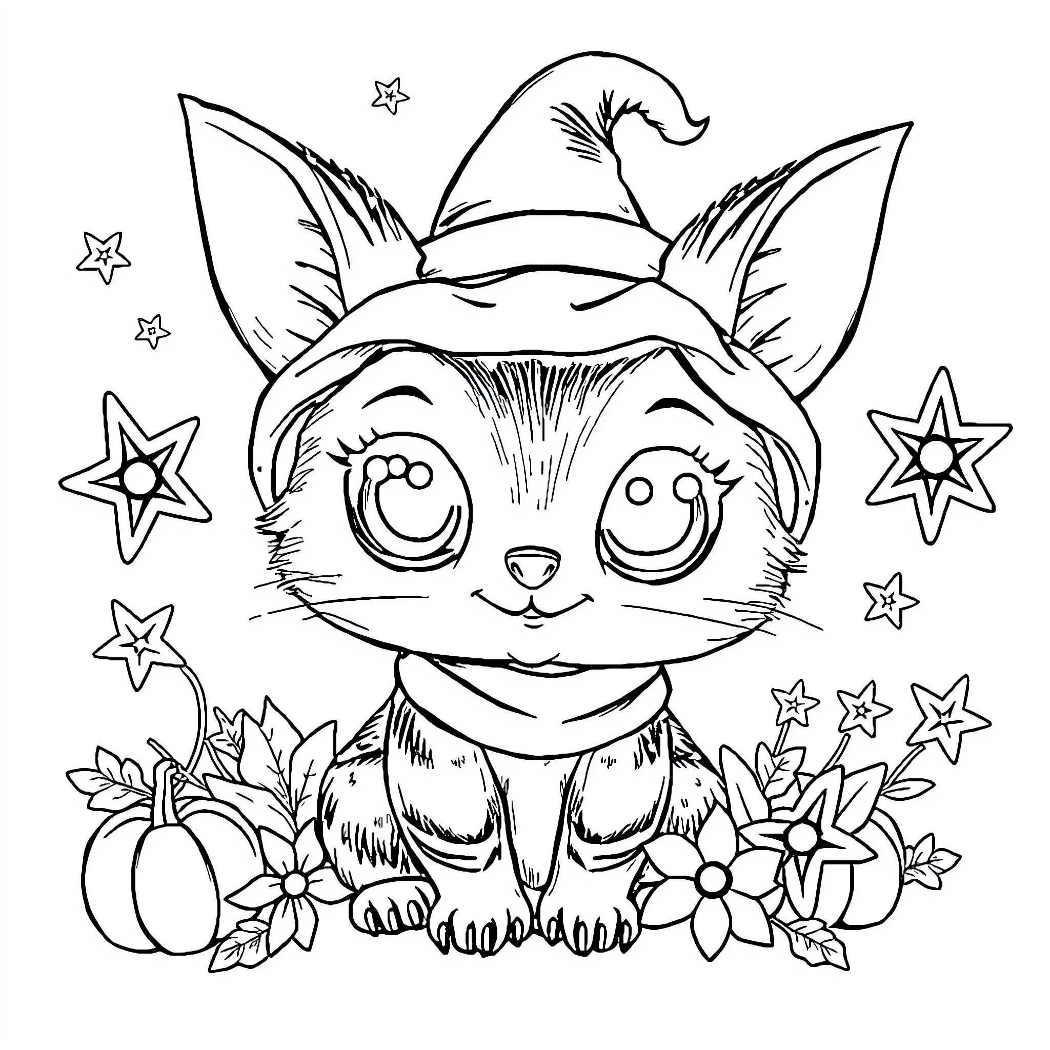 Spider-like cat in Halloween costume surrounded by stars Coloring Page (free black-and-white line drawing printable PDF for all, from beginners to advanced learners, including children, teens, adults, and seniors)