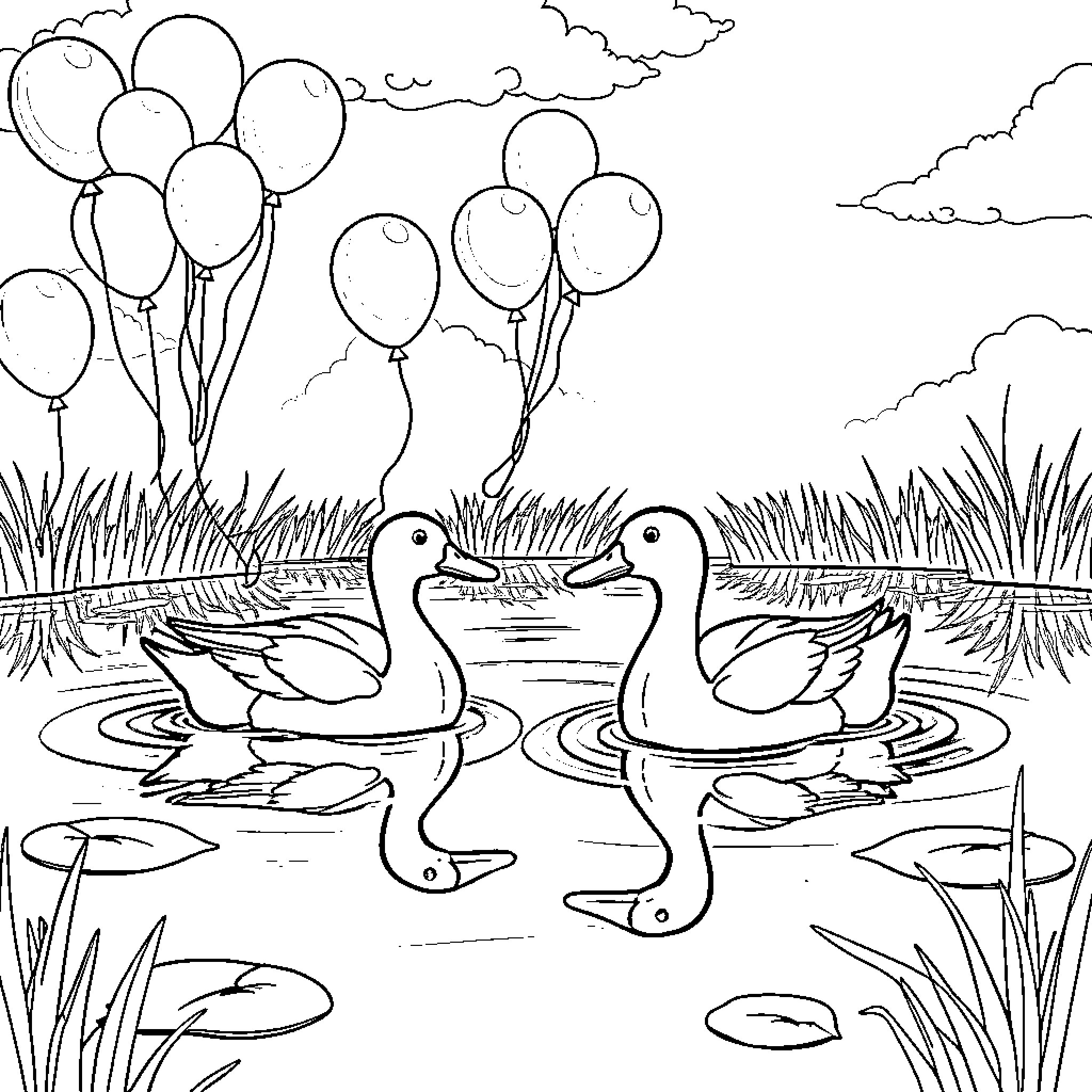 Ducks swimming with balloons in the pond Coloring Page (free black-and-white line drawing printable PDF for all, from beginners to advanced learners, including children, teens, adults, and seniors)