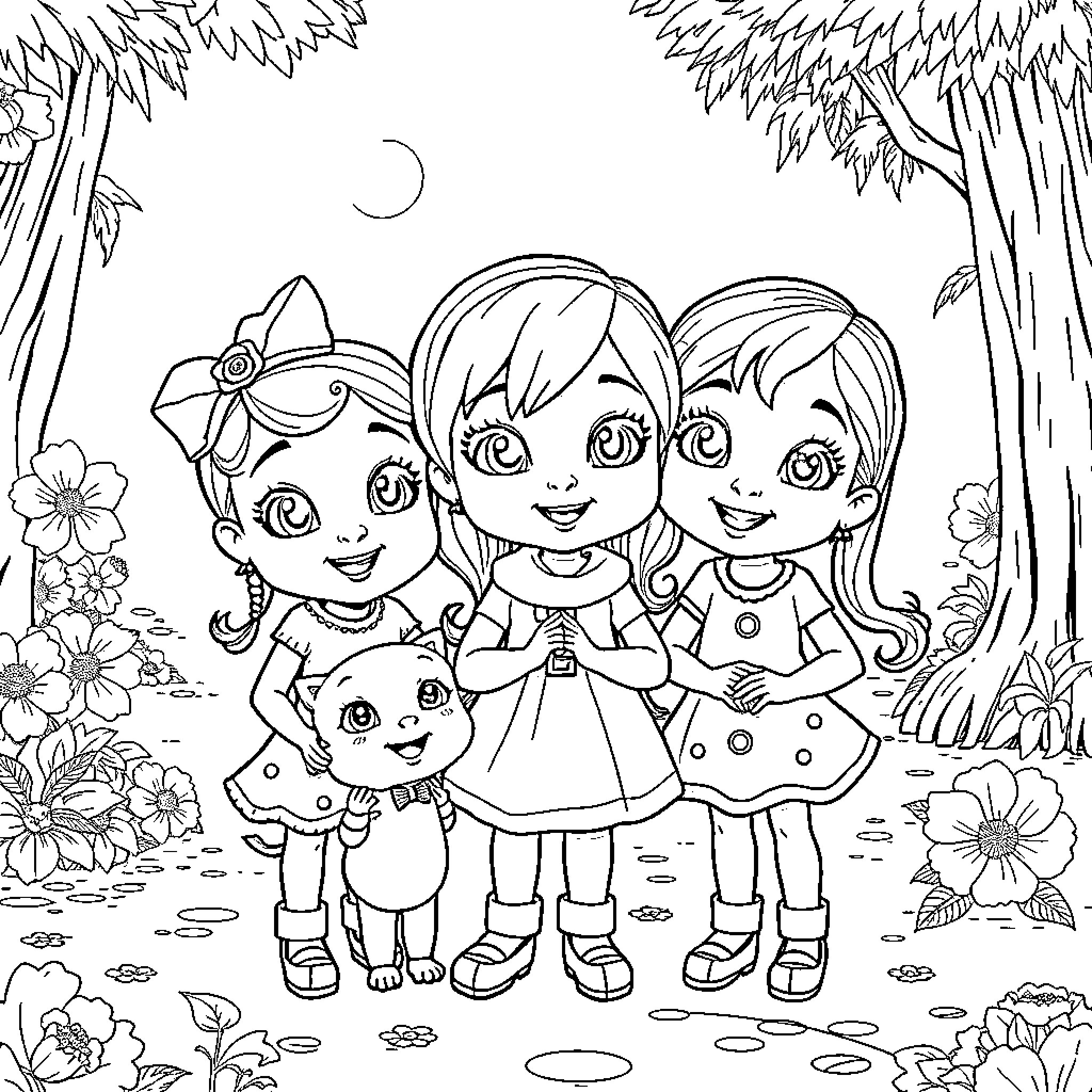 Gabi and her friends explore the enchanting forest Coloring Page (free black-and-white line drawing printable PDF for all, from beginners to advanced learners, including children, teens, adults, and seniors)