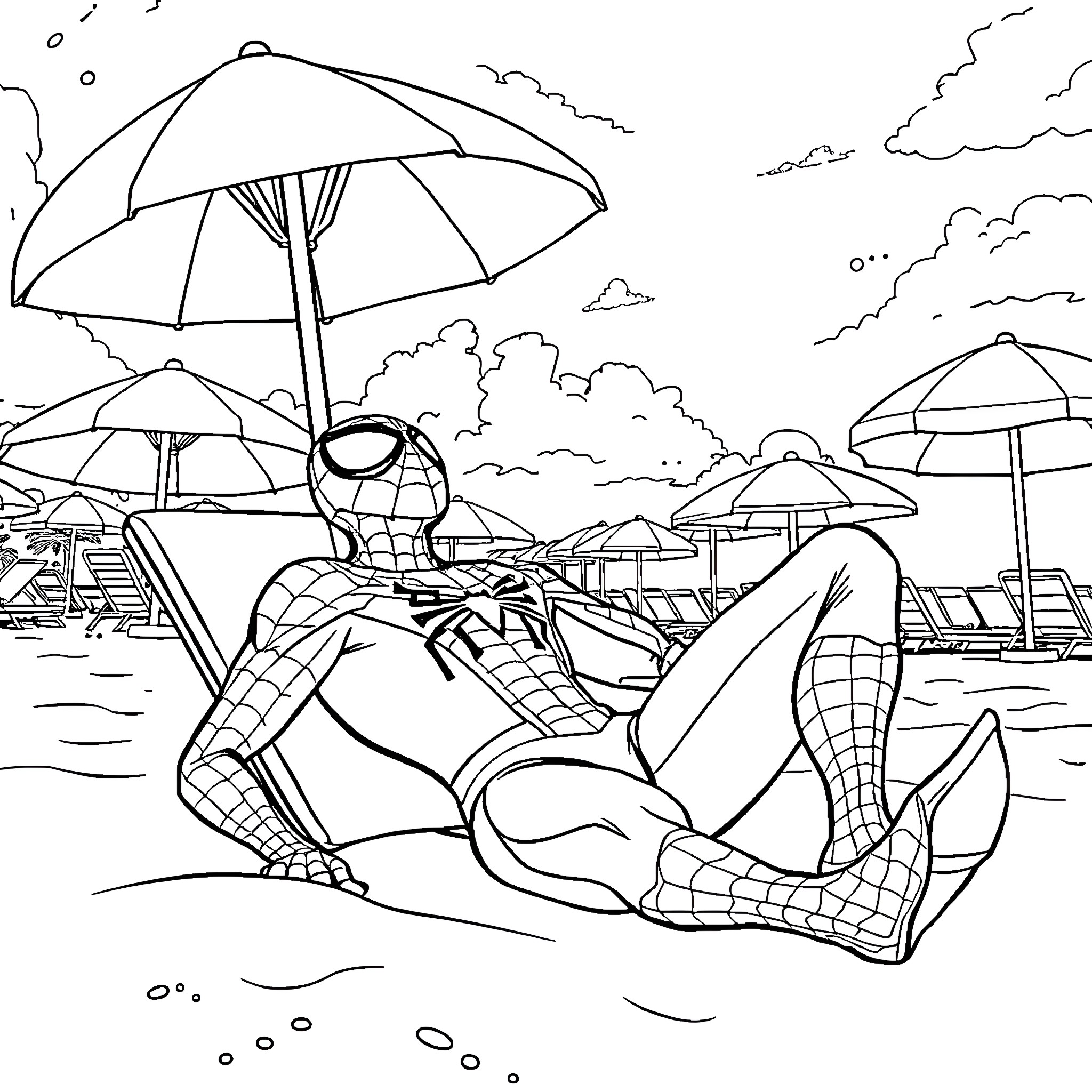 Spider-Man relaxing on the beach under umbrellas Coloring Page (free black-and-white line drawing printable PDF for all, from beginners to advanced learners, including children, teens, adults, and seniors)