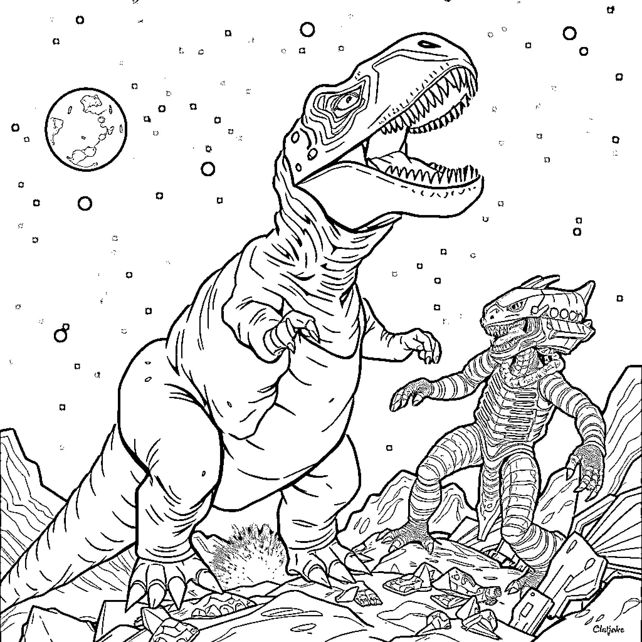 Dinosaur roaming the prehistoric landscape Coloring Page (free black-and-white line drawing printable PDF for all, from beginners to advanced learners, including children, teens, adults, and seniors)