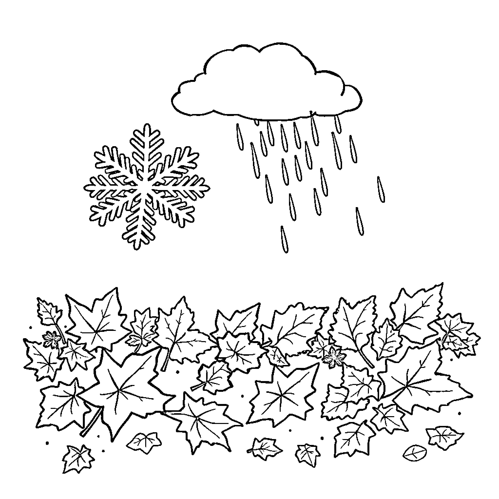 Weather scene with rainy cloud and snowflake Coloring Page (free black-and-white line drawing printable PDF for all, from beginners to advanced learners, including children, teens, adults, and seniors)