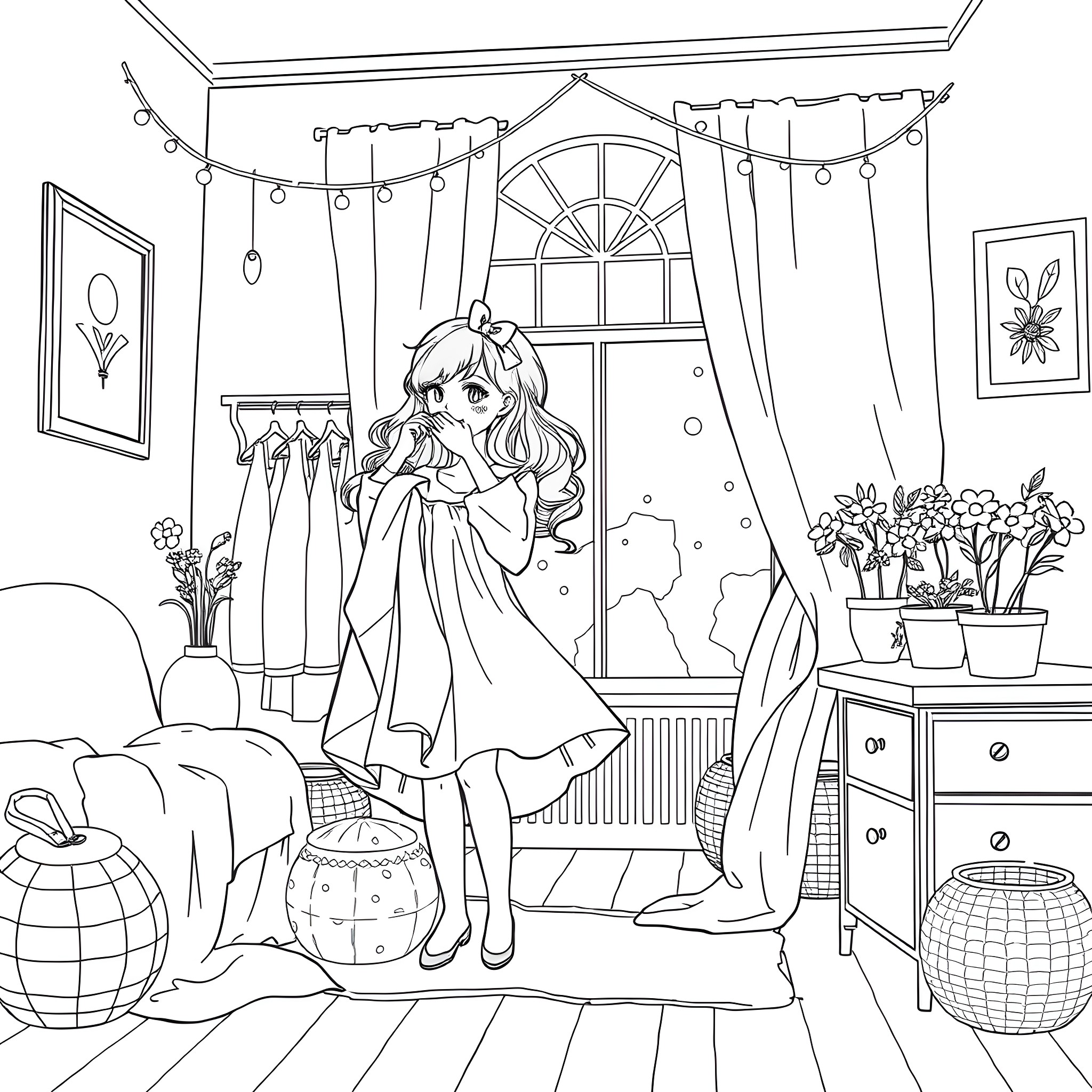 Girl in a cozy bedroom surrounded by decorations Coloring Page (free black-and-white line drawing printable PDF for all, from beginners to advanced learners, including children, teens, adults, and seniors)
