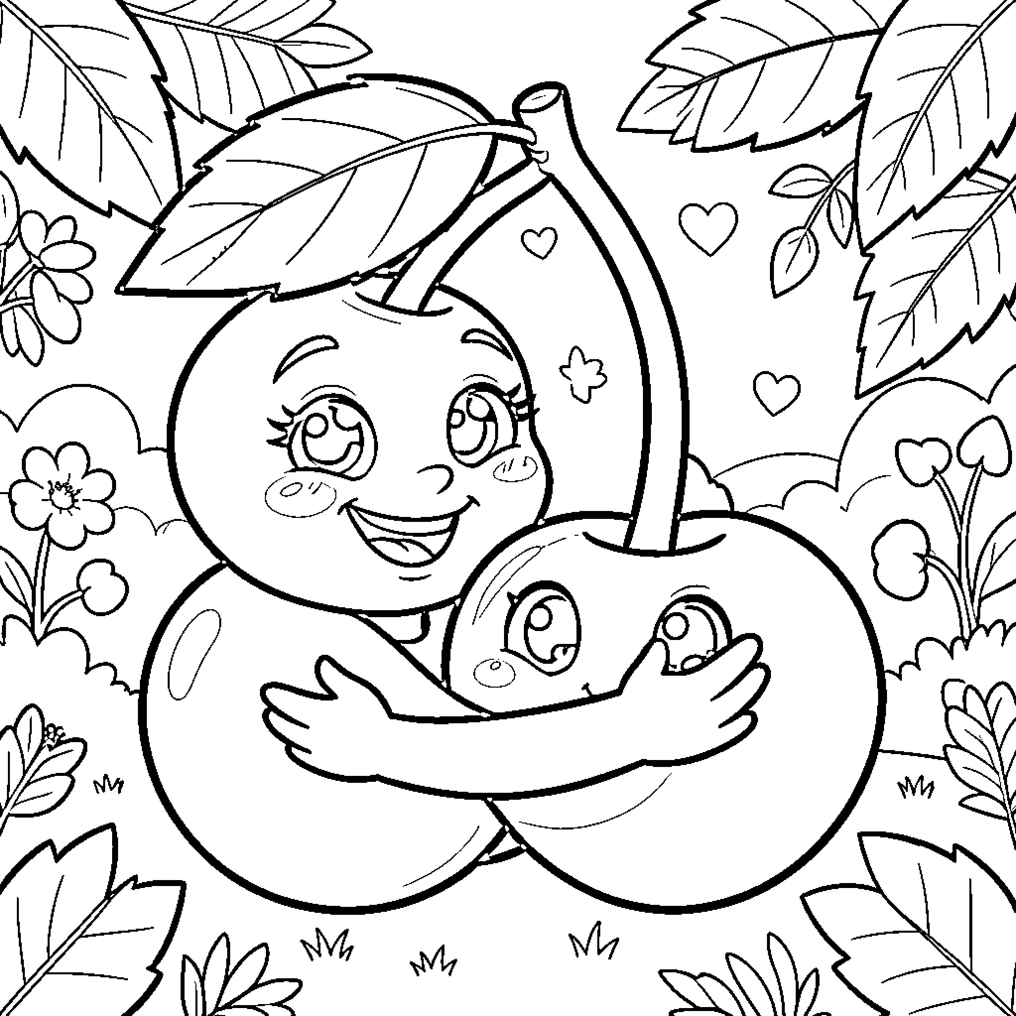 Cherry Friends Embrace Playfully in Floral Garden Coloring Page (free black-and-white line drawing printable PDF for all, from beginners to advanced learners, including children, teens, adults, and seniors)