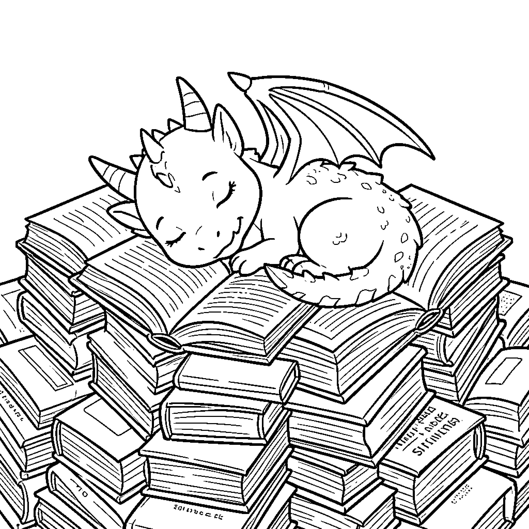 Dragon sleeping peacefully atop a large pile of books Coloring Page (free black-and-white line drawing printable PDF for all, from beginners to advanced learners, including children, teens, adults, and seniors)