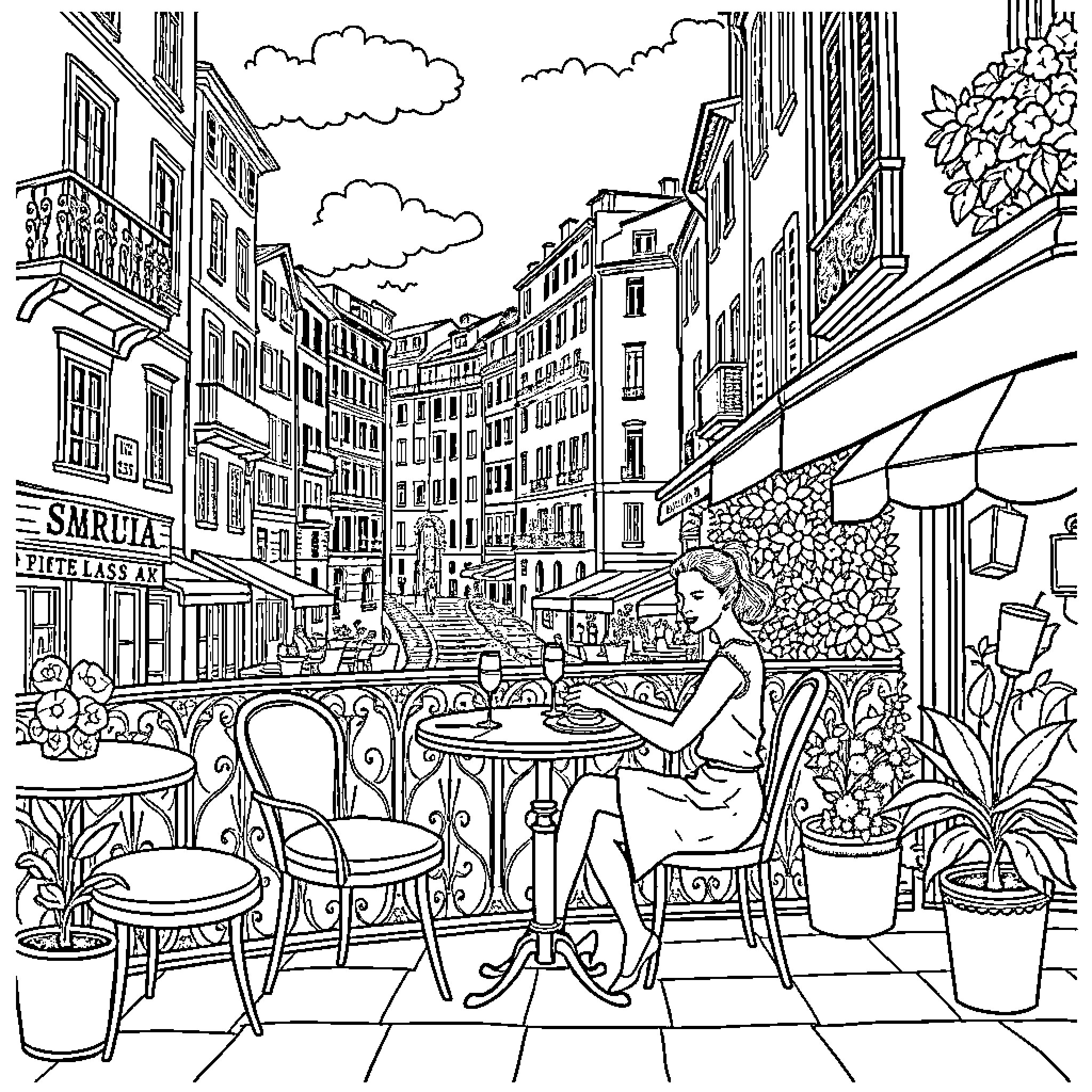 Lady Enjoying Cafe Scene in European City Coloring Page (free black-and-white line drawing printable PDF for all, from beginners to advanced learners, including children, teens, adults, and seniors)