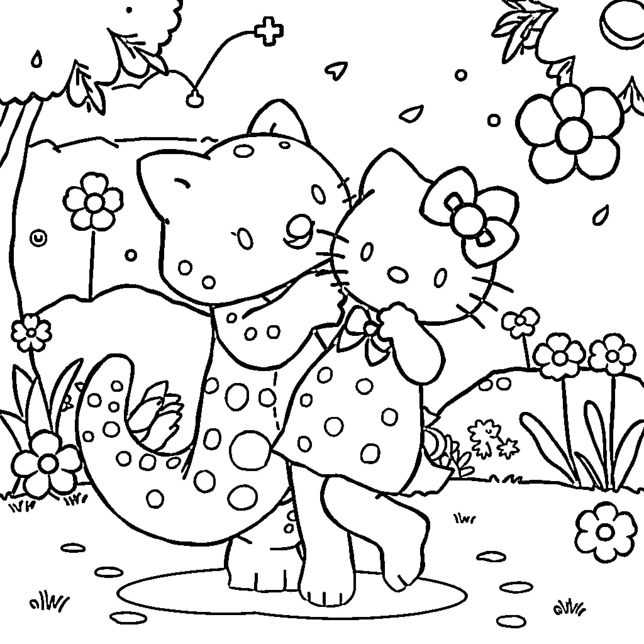 Huntrex's Spotted Cat Friends in Flowery Field Coloring Page (free black-and-white line drawing printable PDF for all, from beginners to advanced learners, including children, teens, adults, and seniors)