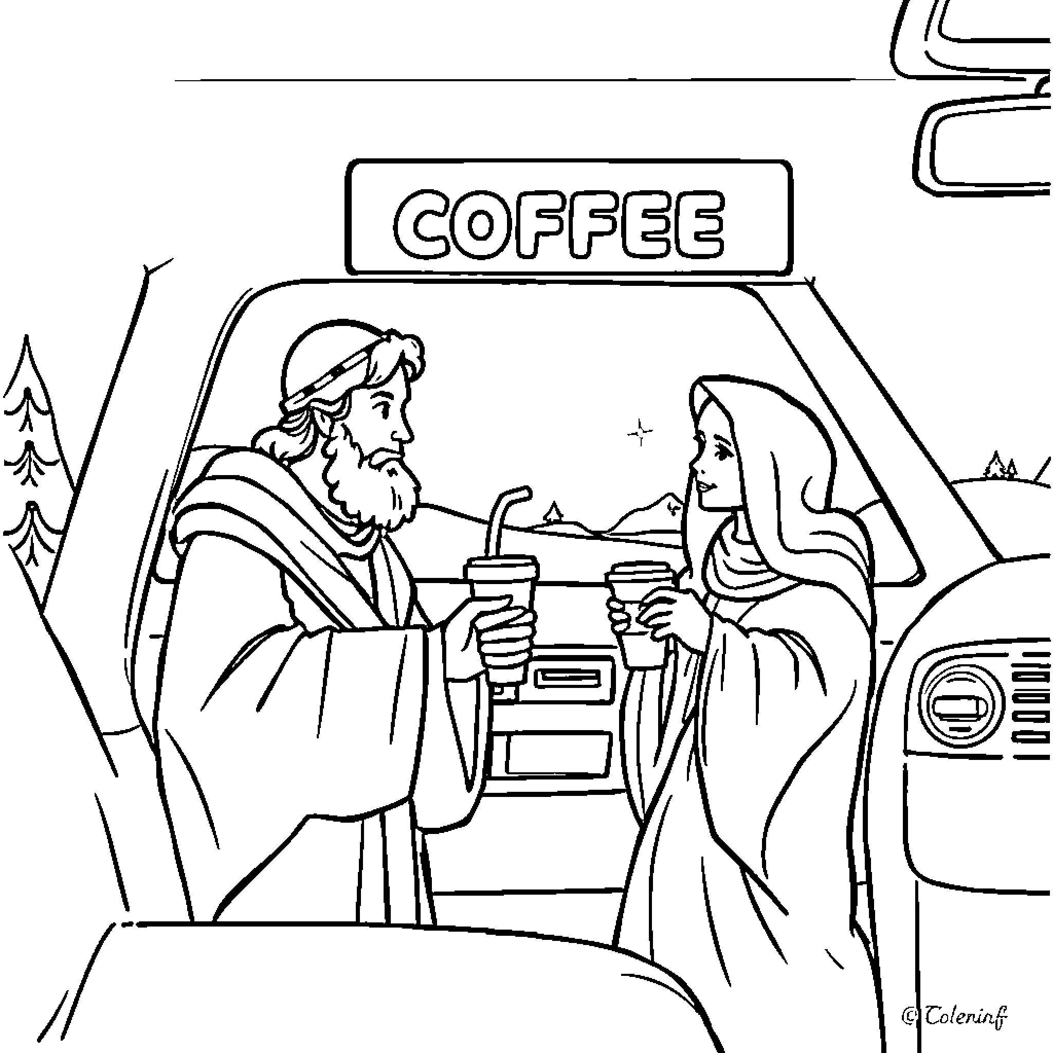 Joseph and Mary enjoying coffee break together Coloring Page (free black-and-white line drawing printable PDF for all, from beginners to advanced learners, including children, teens, adults, and seniors)