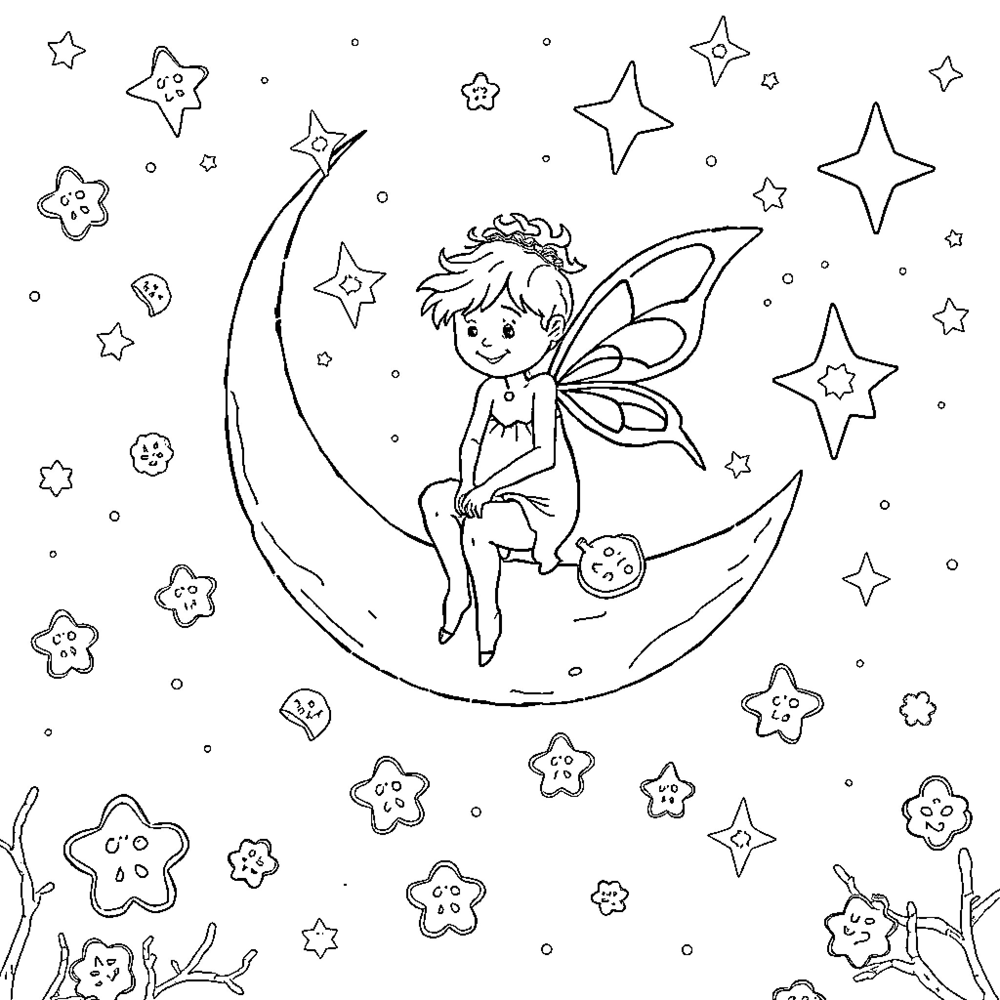 Toothfairy resting on crescent moon with starry sky Coloring Page (free black-and-white line drawing printable PDF for all, from beginners to advanced learners, including children, teens, adults, and seniors)