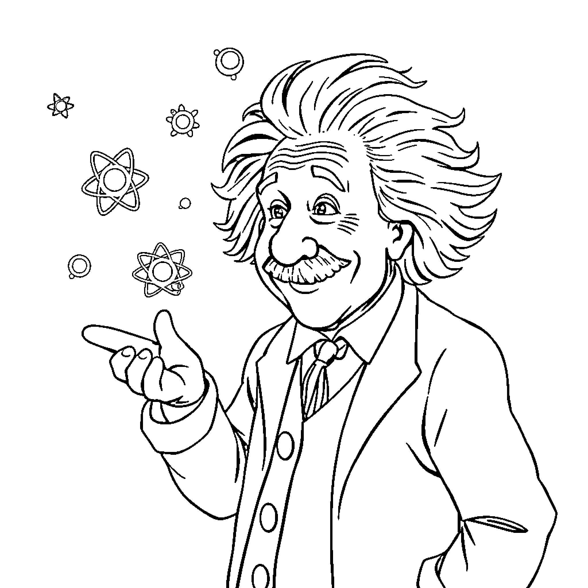 Einstein's Whimsical Wonderment Coloring Page (free black-and-white line drawing printable PDF for all, from beginners to advanced learners, including children, teens, adults, and seniors)
