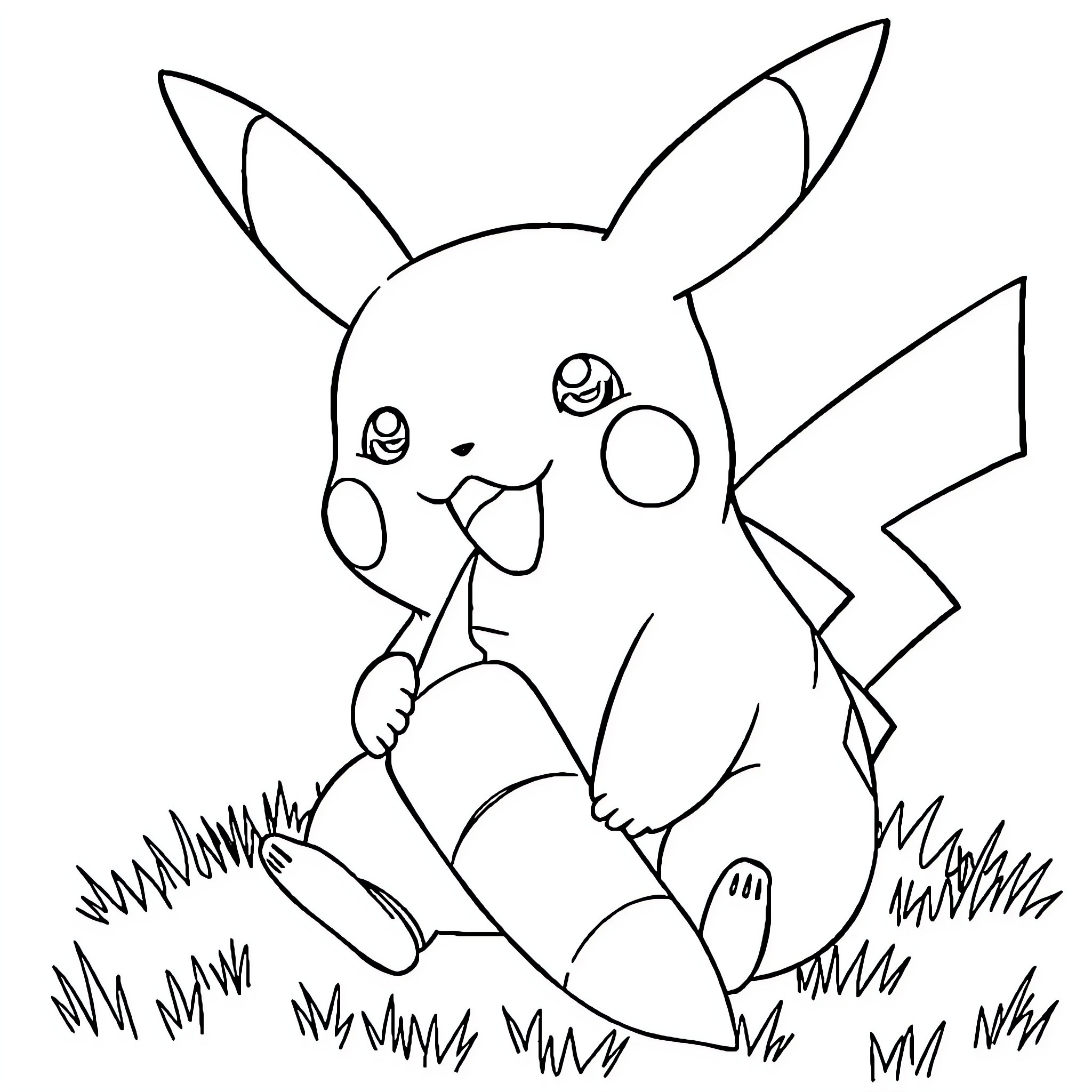 Pikachu relaxing in the grass Coloring Page (free black-and-white line drawing printable PDF for all, from beginners to advanced learners, including children, teens, adults, and seniors)