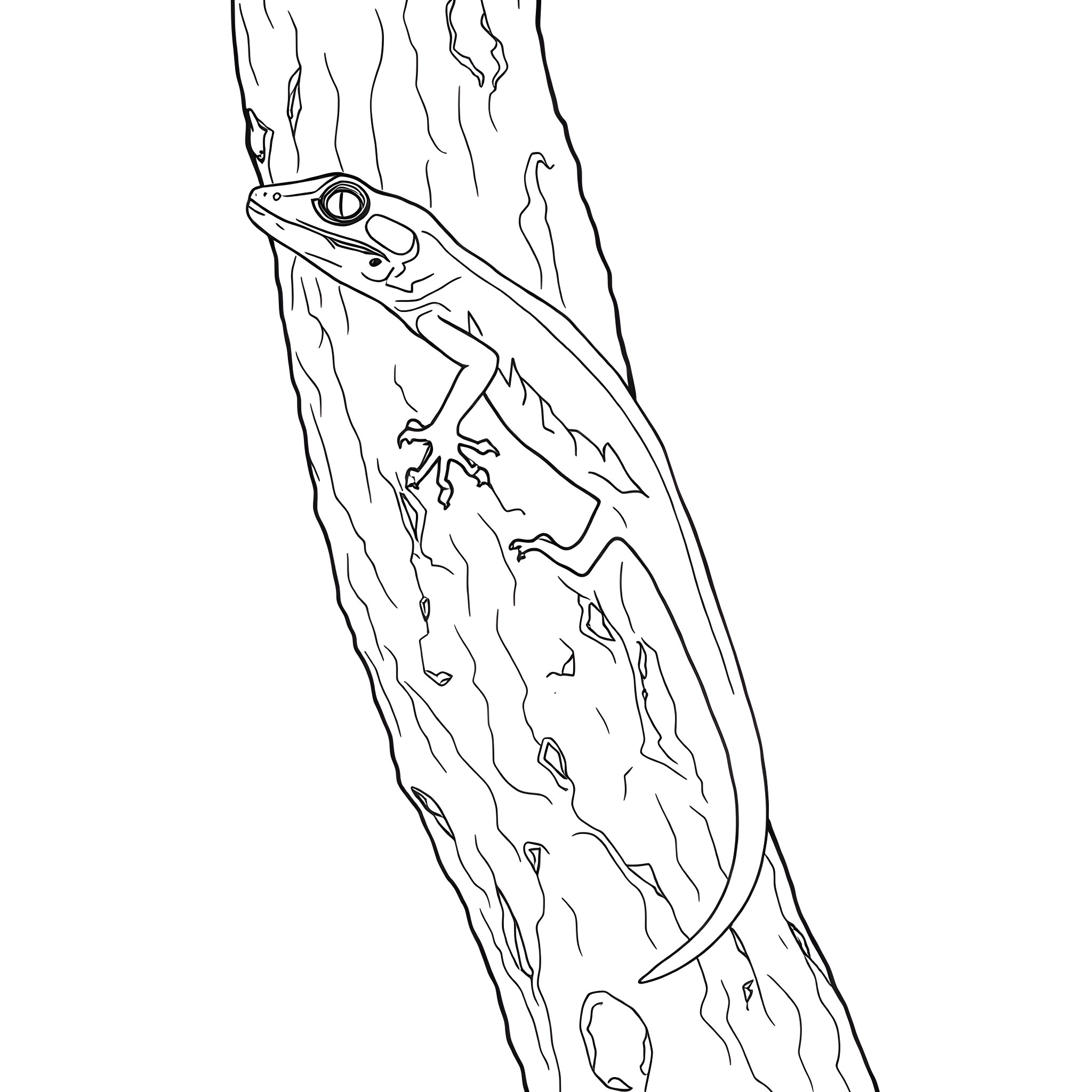 Skink peeking out from tree bark Coloring Page (free black-and-white line drawing printable PDF for all, from beginners to advanced learners, including children, teens, adults, and seniors)