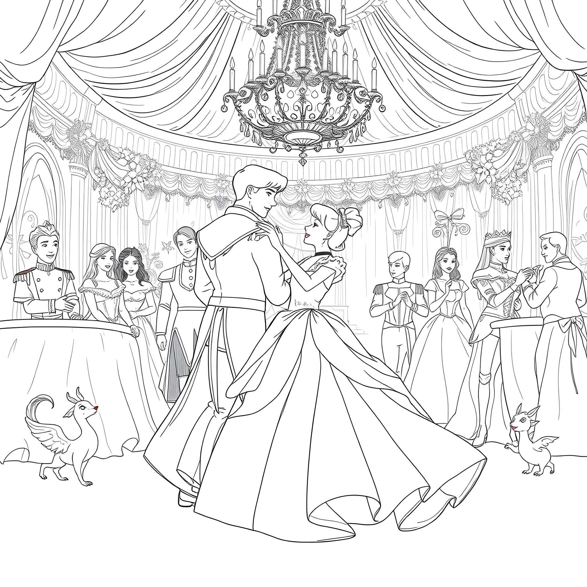 Cinderella's Magical Ball: A Fairy Tale Celebration Coloring Page (free black-and-white line drawing printable PDF for all, from beginners to advanced learners, including children, teens, adults, and seniors)
