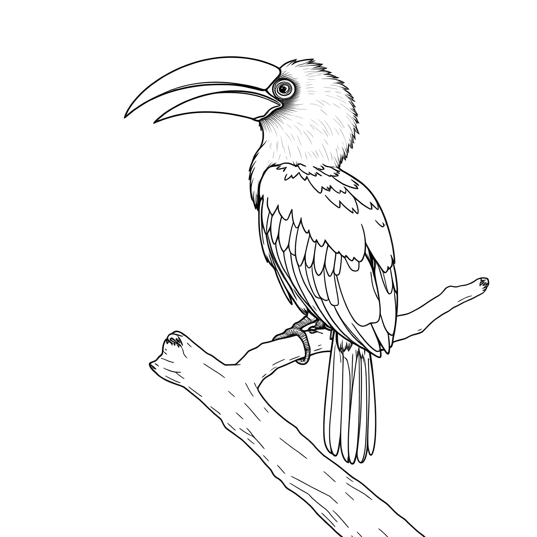 Hornbill perched on a tree branch Coloring Page (free black-and-white line drawing printable PDF for all, from beginners to advanced learners, including children, teens, adults, and seniors)