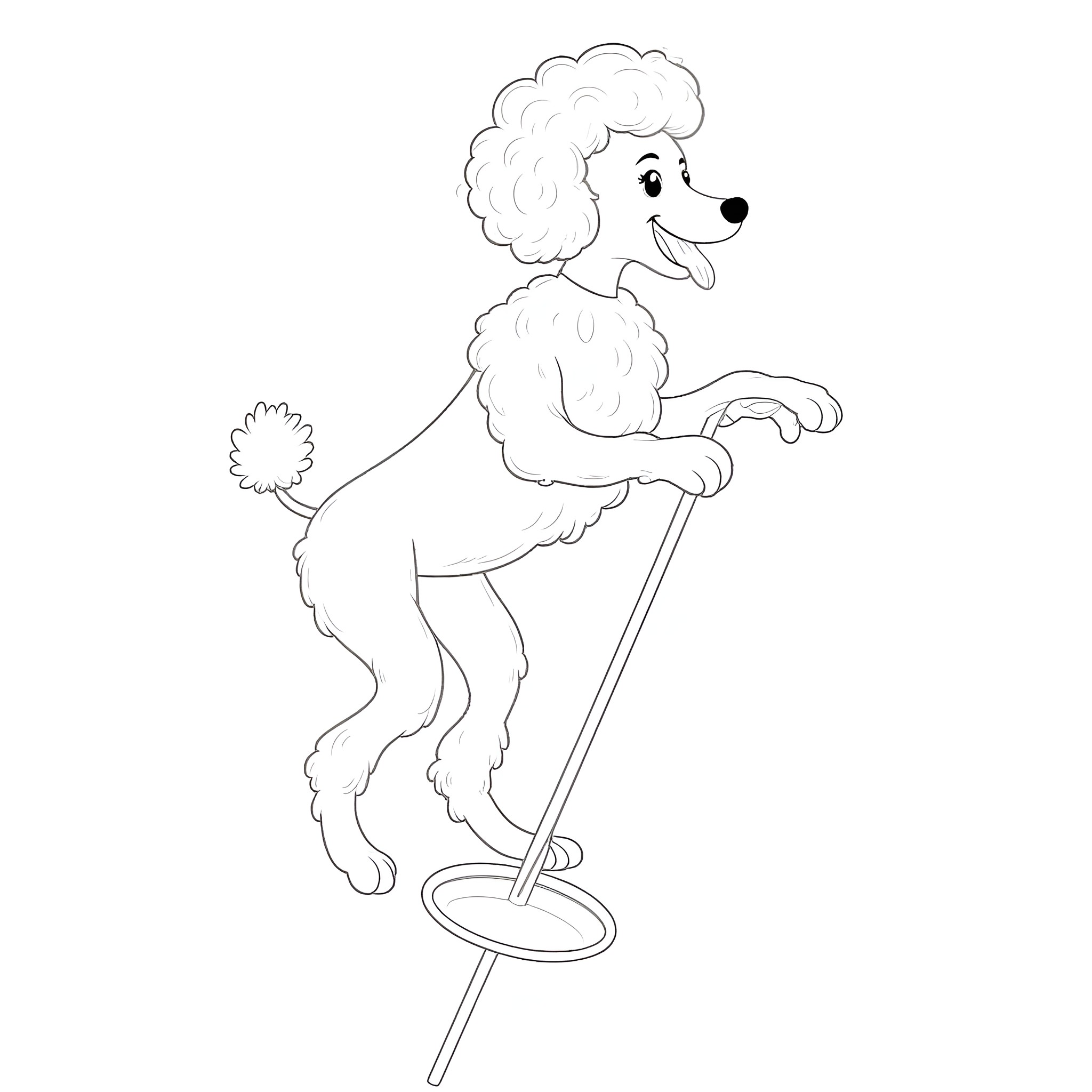 Poodle balancing on unicycle Coloring Page (free black-and-white line drawing printable PDF for all, from beginners to advanced learners, including children, teens, adults, and seniors)