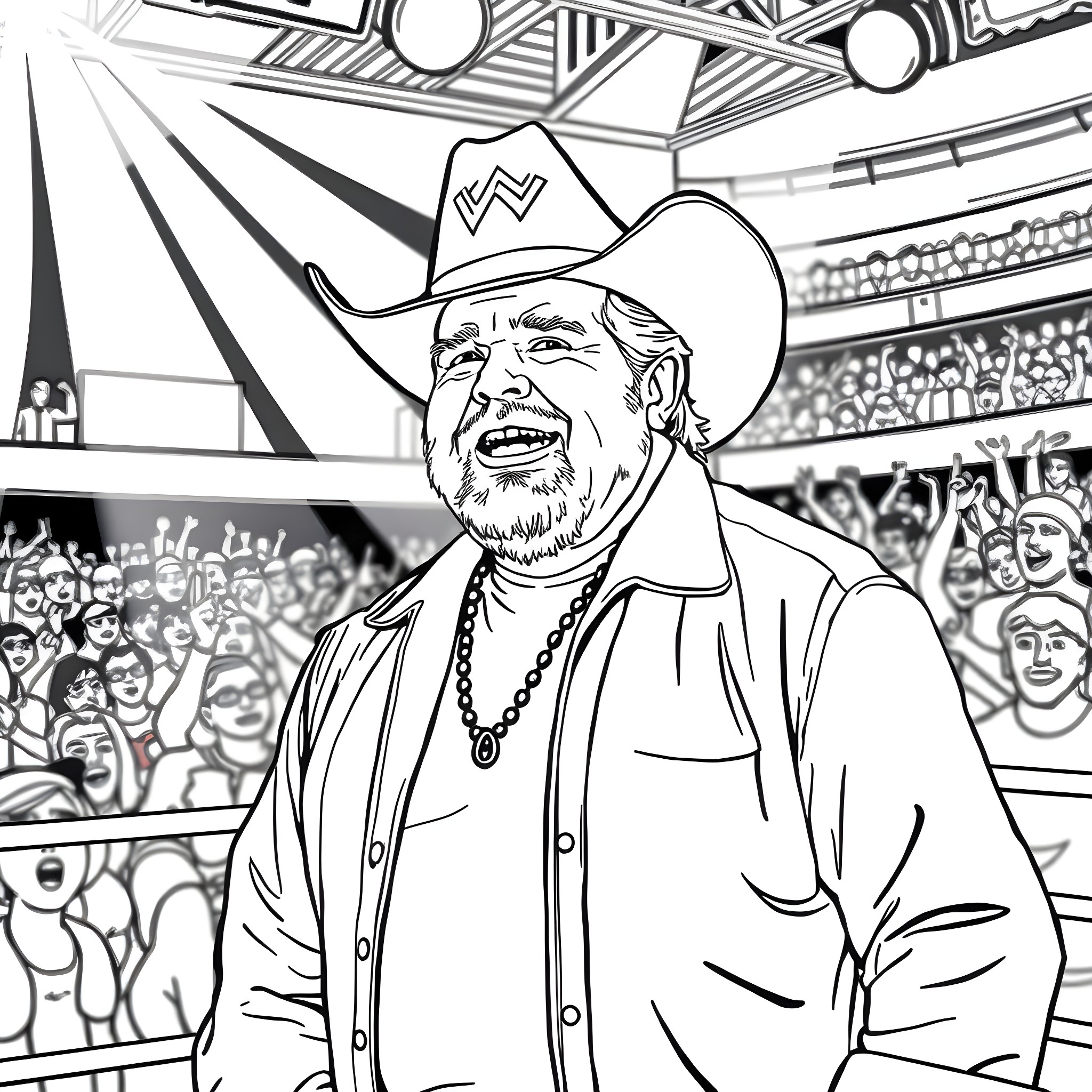 Dusty Rhodes, the Cowboy, Embracing the Crowd Coloring Page (free black-and-white line drawing printable PDF for all, from beginners to advanced learners, including children, teens, adults, and seniors)