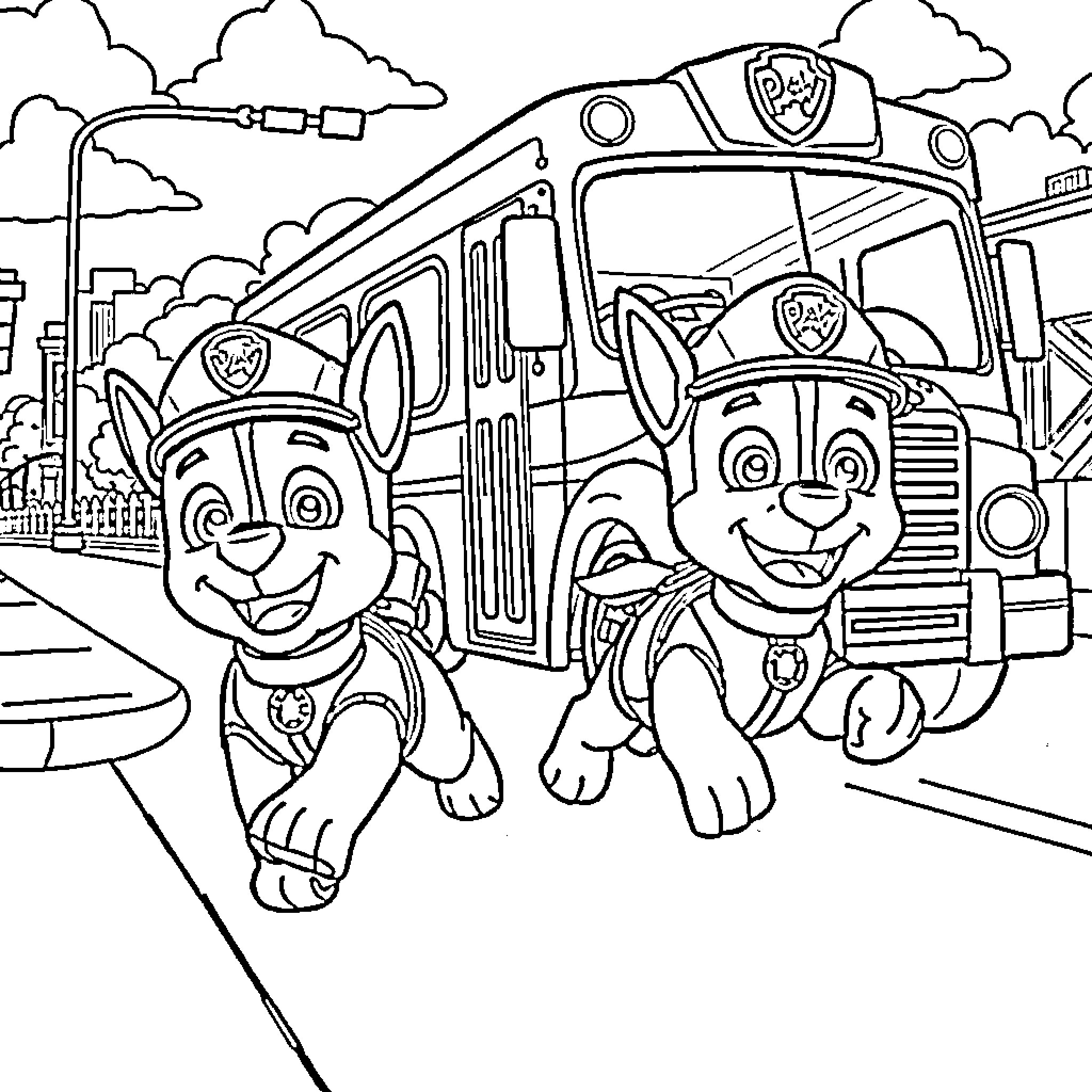 Paw Patrol Puppies Helping at the Fire Station Coloring Page (free black-and-white line drawing printable PDF for all, from beginners to advanced learners, including children, teens, adults, and seniors)