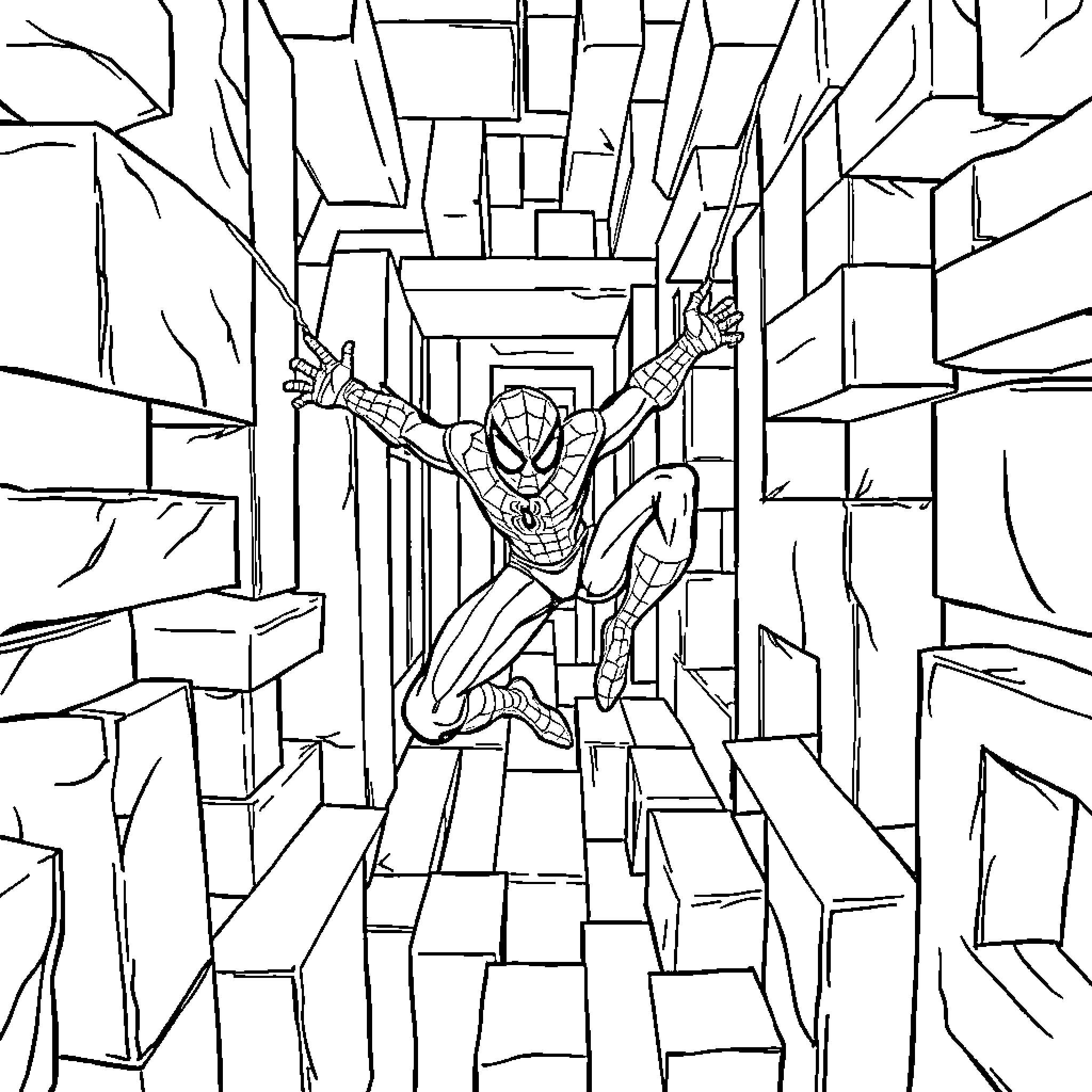 Spider-Man swinging through a geometric cityscape Coloring Page (free black-and-white line drawing printable PDF for all, from beginners to advanced learners, including children, teens, adults, and seniors)