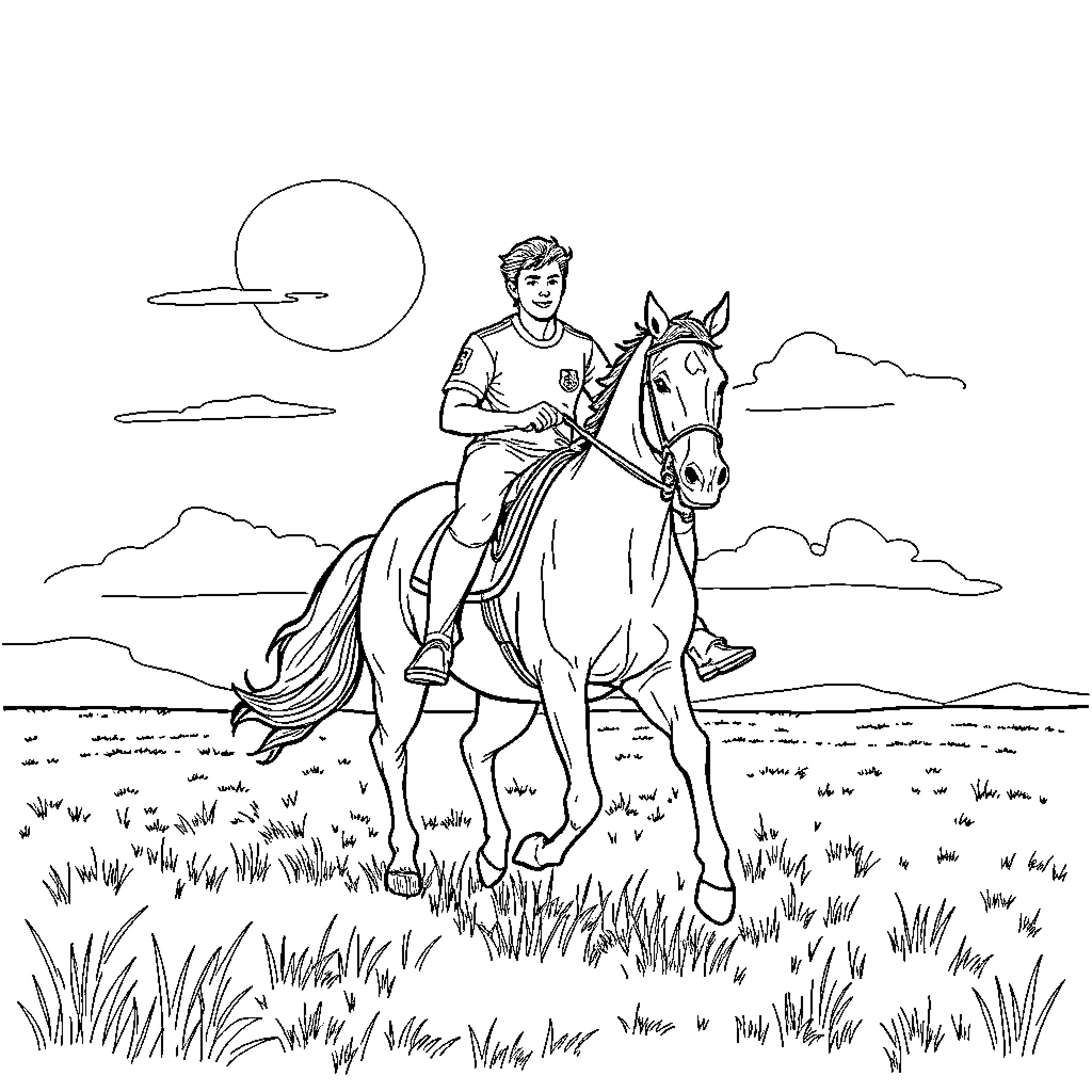 Cristiano riding a horse through the countryside Coloring Page (free black-and-white line drawing printable PDF for all, from beginners to advanced learners, including children, teens, adults, and seniors)