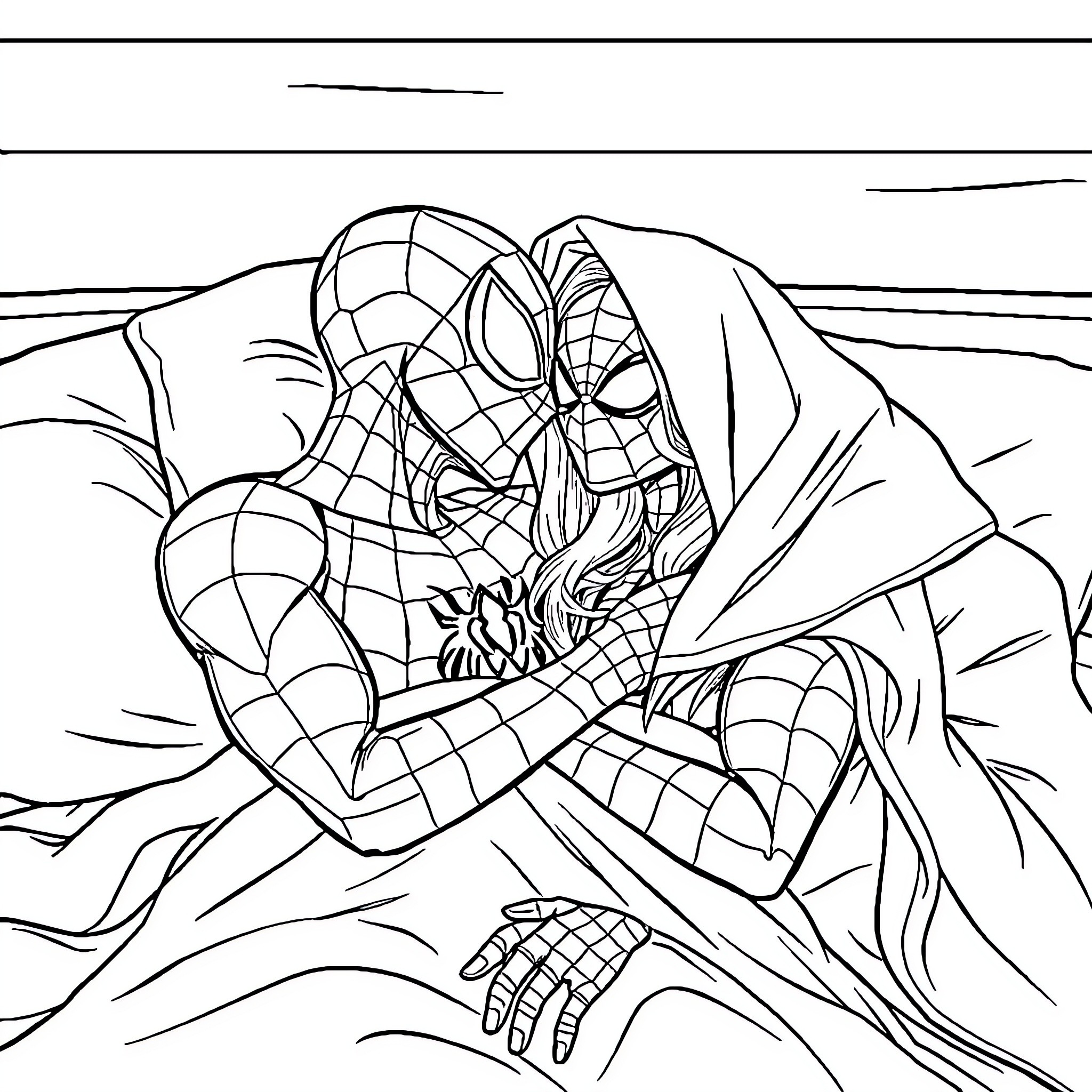 Spiderman swooping down to capture villains Coloring Page (free black-and-white line drawing printable PDF for all, from beginners to advanced learners, including children, teens, adults, and seniors)