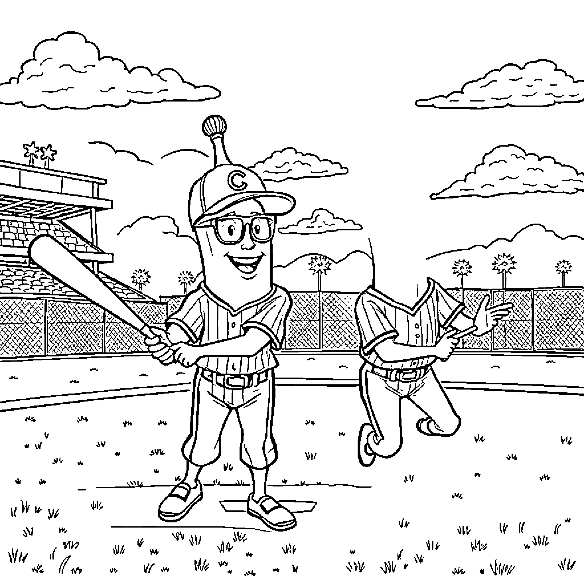 Banana players enjoying a baseball game Coloring Page (free black-and-white line drawing printable PDF for all, from beginners to advanced learners, including children, teens, adults, and seniors)