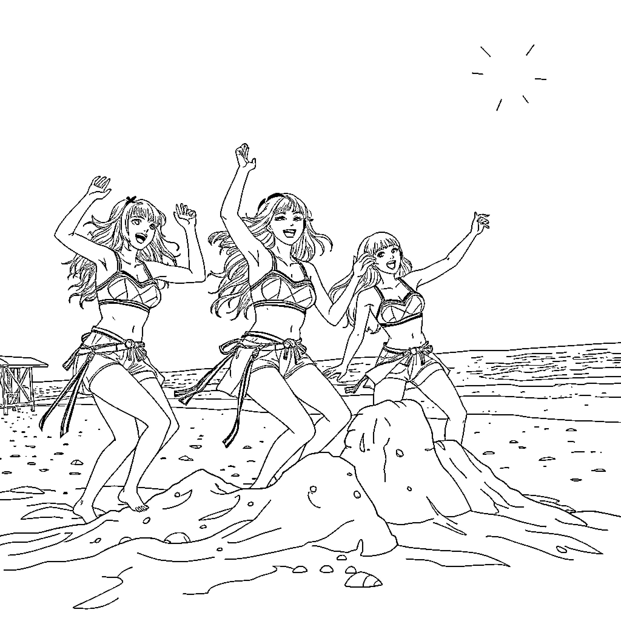 K Pop Warrior Trio Celebrate on the Beach Coloring Page (free black-and-white line drawing printable PDF for all, from beginners to advanced learners, including children, teens, adults, and seniors)