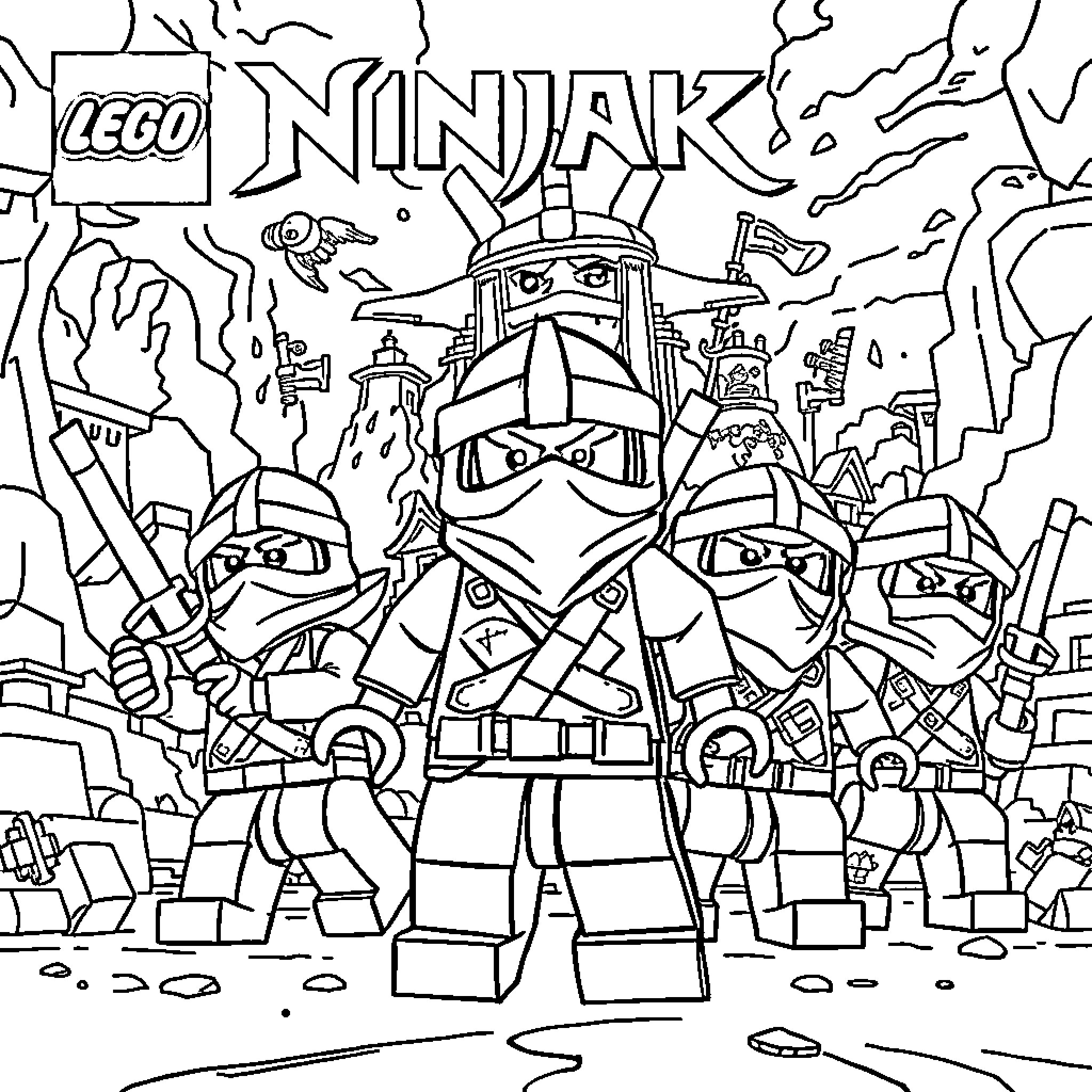 Ninjago Warriors in Battle Formation Coloring Page (free black-and-white line drawing printable PDF for all, from beginners to advanced learners, including children, teens, adults, and seniors)