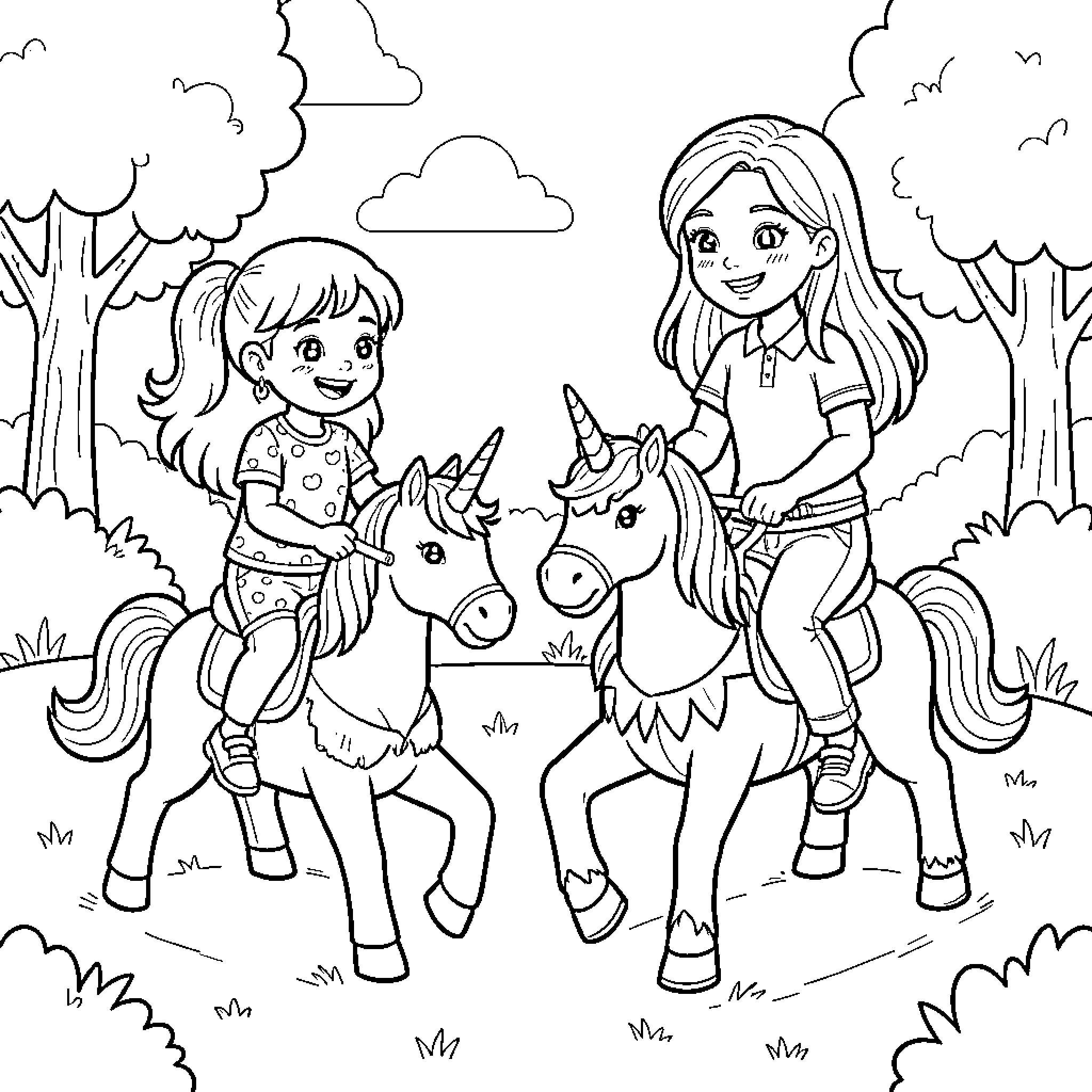 Unicorn riding adventure with two happy girls in nature Coloring Page (free black-and-white line drawing printable PDF for all, from beginners to advanced learners, including children, teens, adults, and seniors)