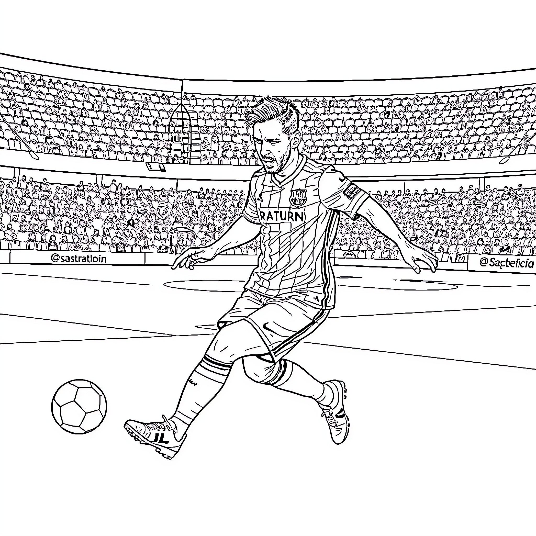Messi playing football on a stadium field Coloring Page (free black-and-white line drawing printable PDF for all, from beginners to advanced learners, including children, teens, adults, and seniors)
