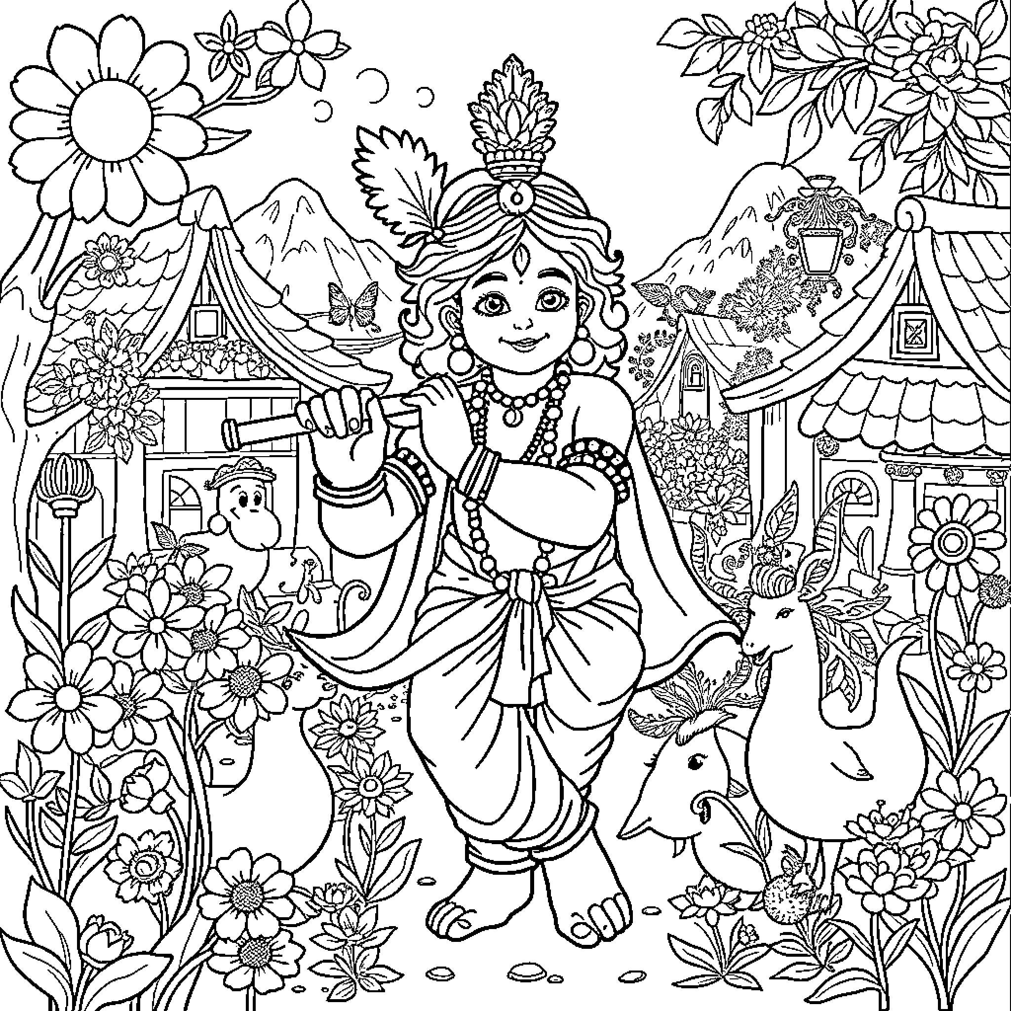 Krishna's Joyful Play in the Enchanted Garden Coloring Page (free black-and-white line drawing printable PDF for all, from beginners to advanced learners, including children, teens, adults, and seniors)