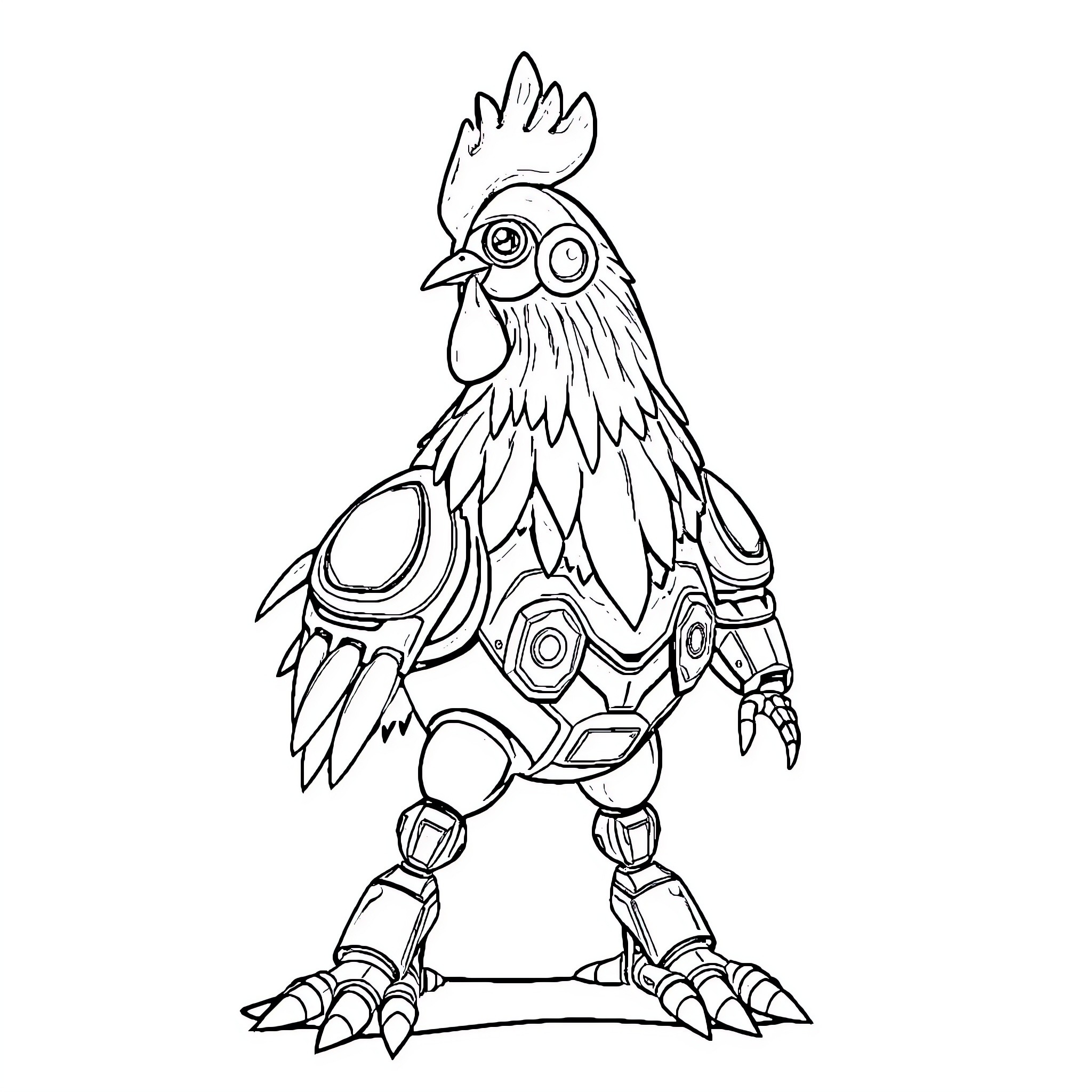 Space Chicken with Futuristic Robotic Attire Coloring Page (free black-and-white line drawing printable PDF for all, from beginners to advanced learners, including children, teens, adults, and seniors)
